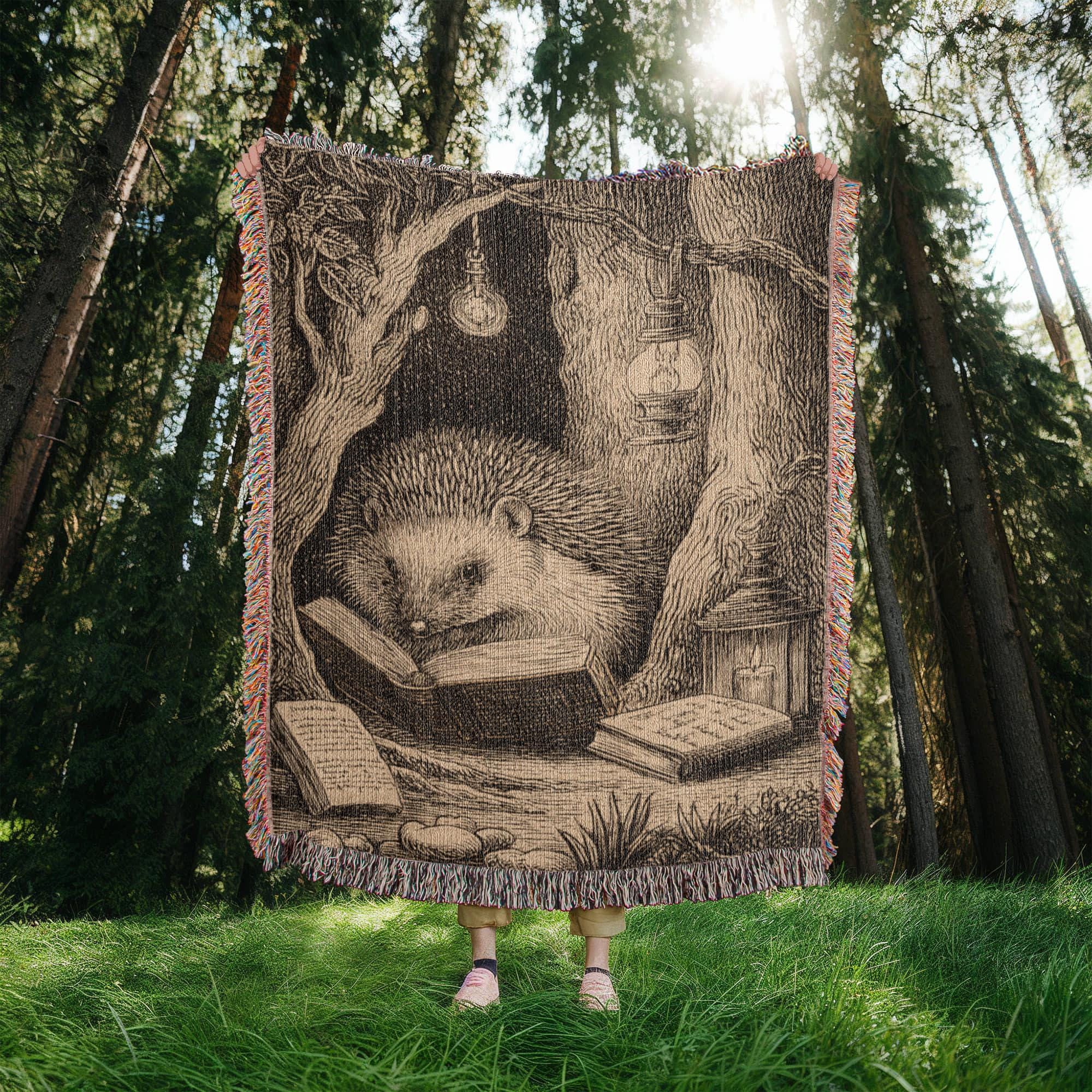 Hedgehog Reading Whimsical Forest Woven Cotton Blanket - Image 4