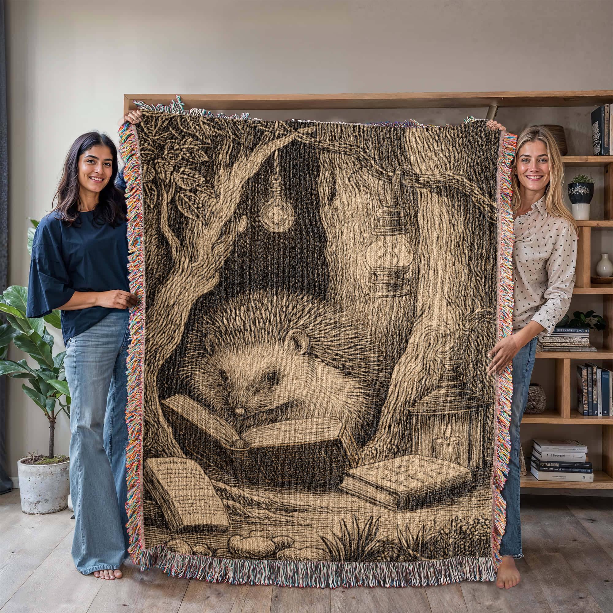 Hedgehog Reading Whimsical Forest Woven Cotton Blanket - Image 6