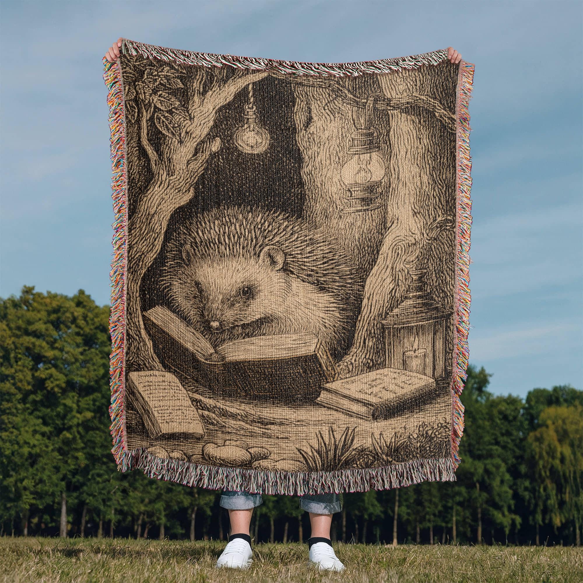 Hedgehog Reading Whimsical Forest Woven Cotton Blanket - Image 9