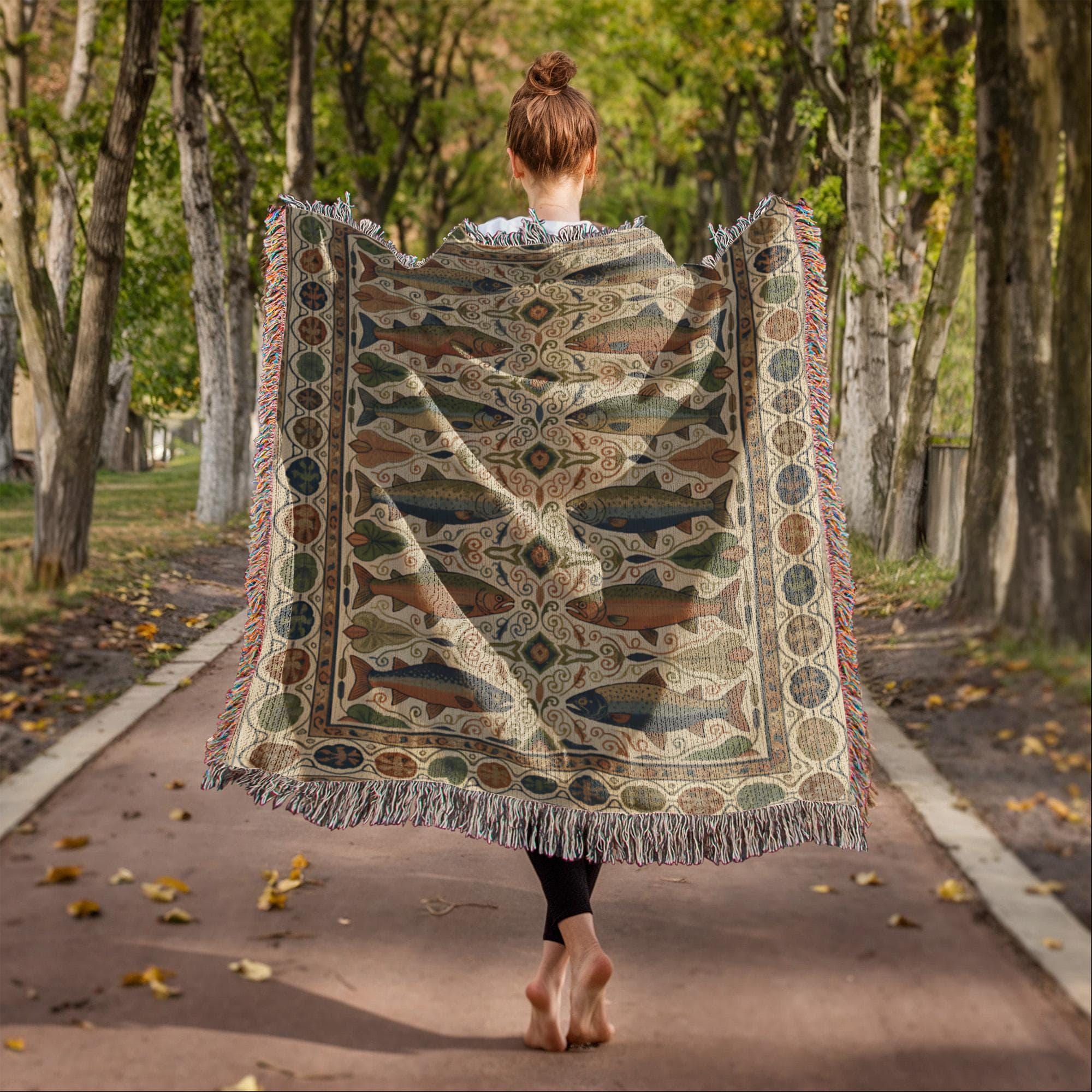 Vintage Trout and Salmon Rustic Mountain Fish Woven Cotton Blanket - Image 5