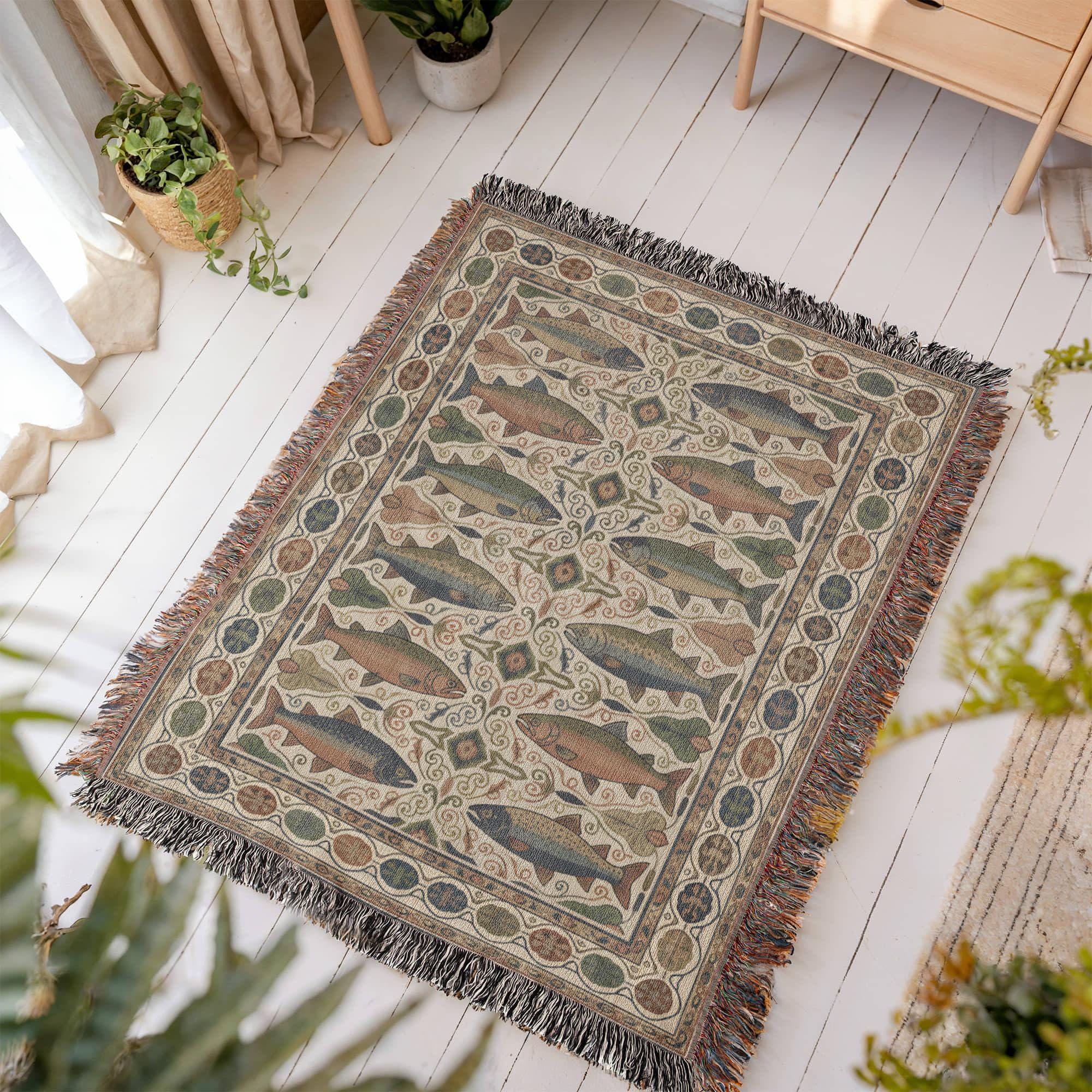 Vintage Trout and Salmon Rustic Mountain Fish Woven Cotton Blanket - Image 6
