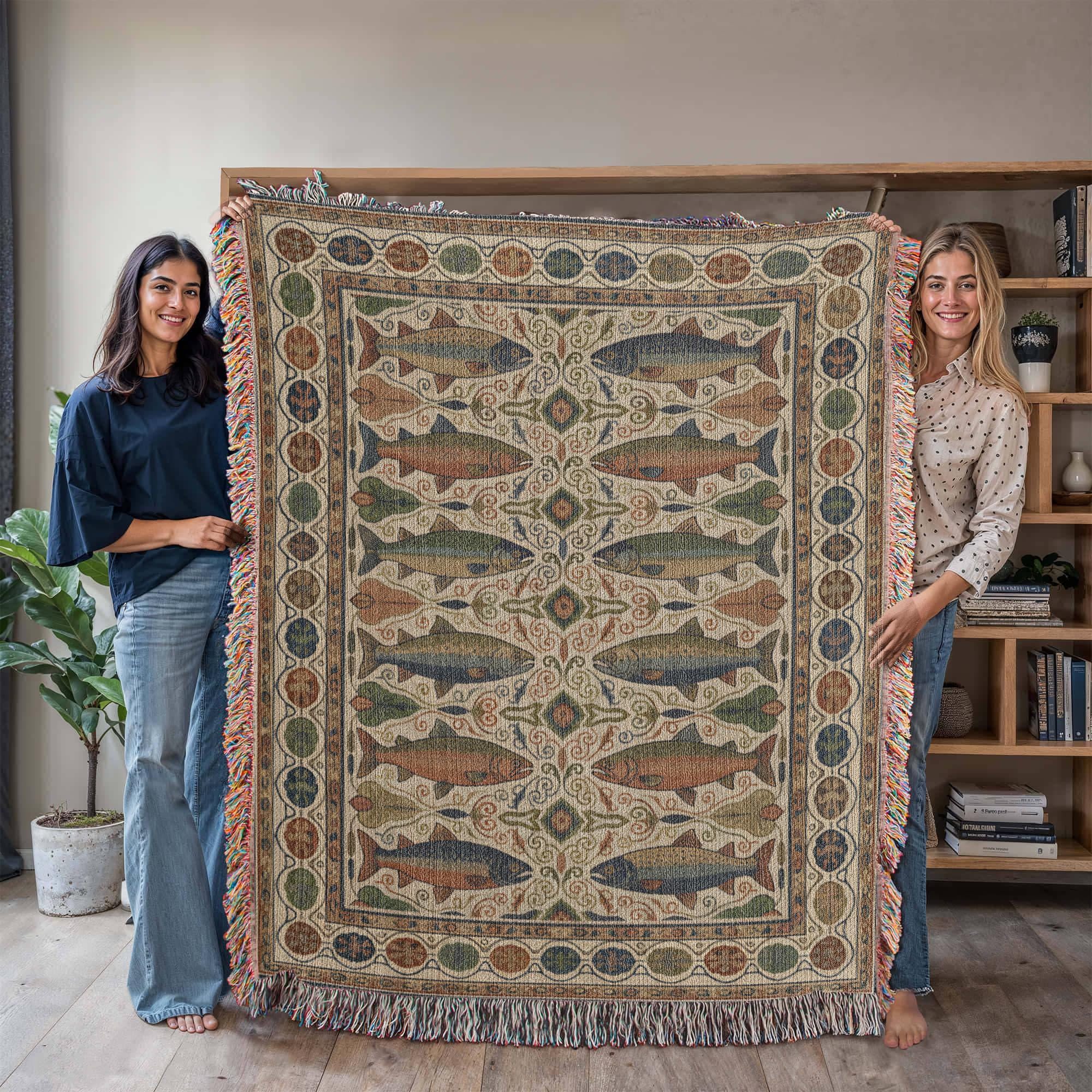 Vintage Trout and Salmon Rustic Mountain Fish Woven Cotton Blanket - Image 8