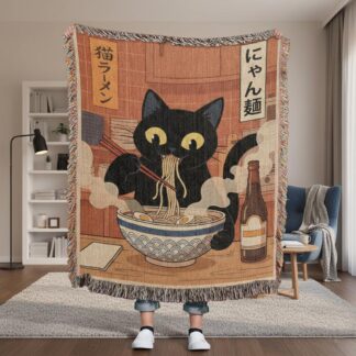 Black Cat Ramen Woven Cotton Blanket