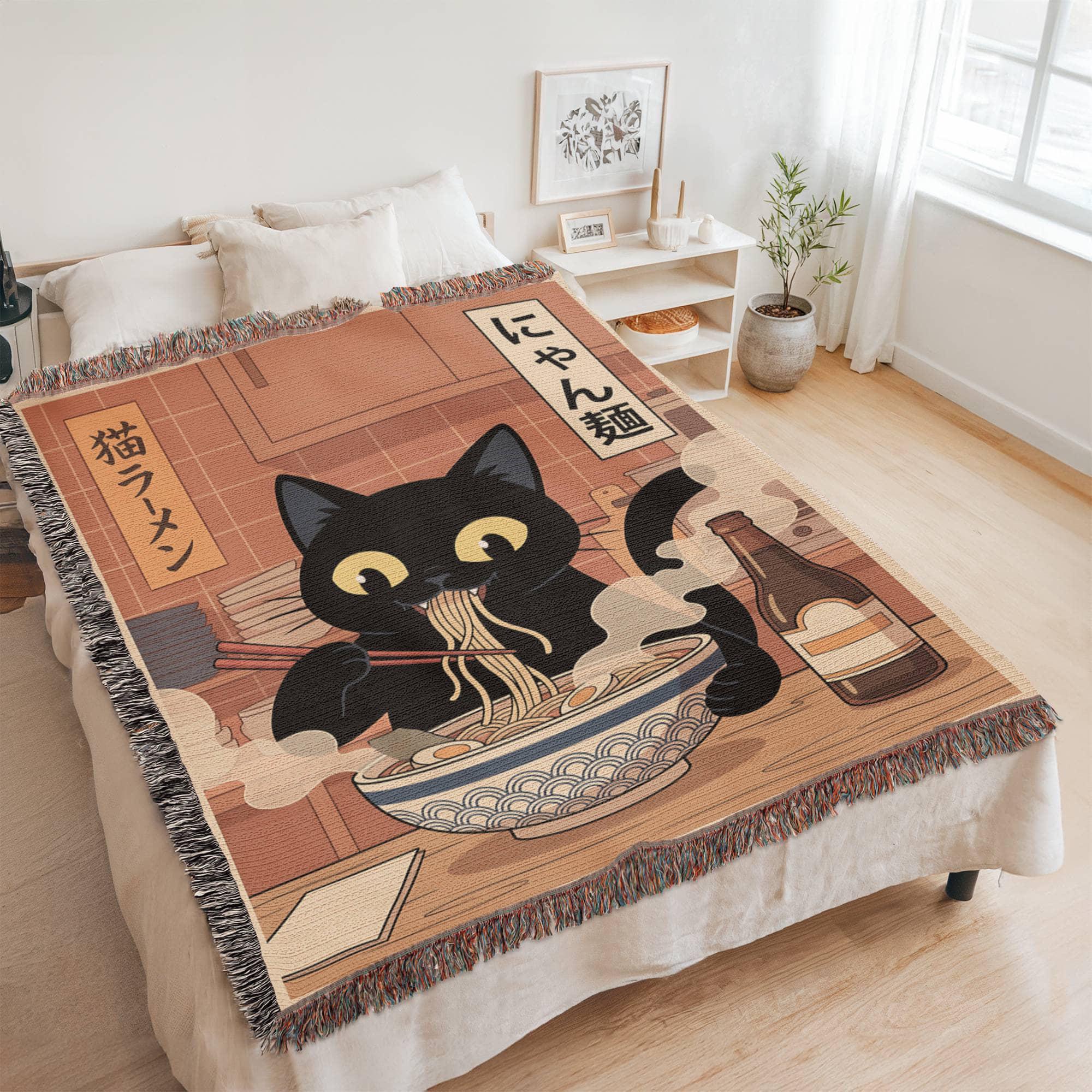 Black Cat Ramen Woven Cotton Blanket - Image 9