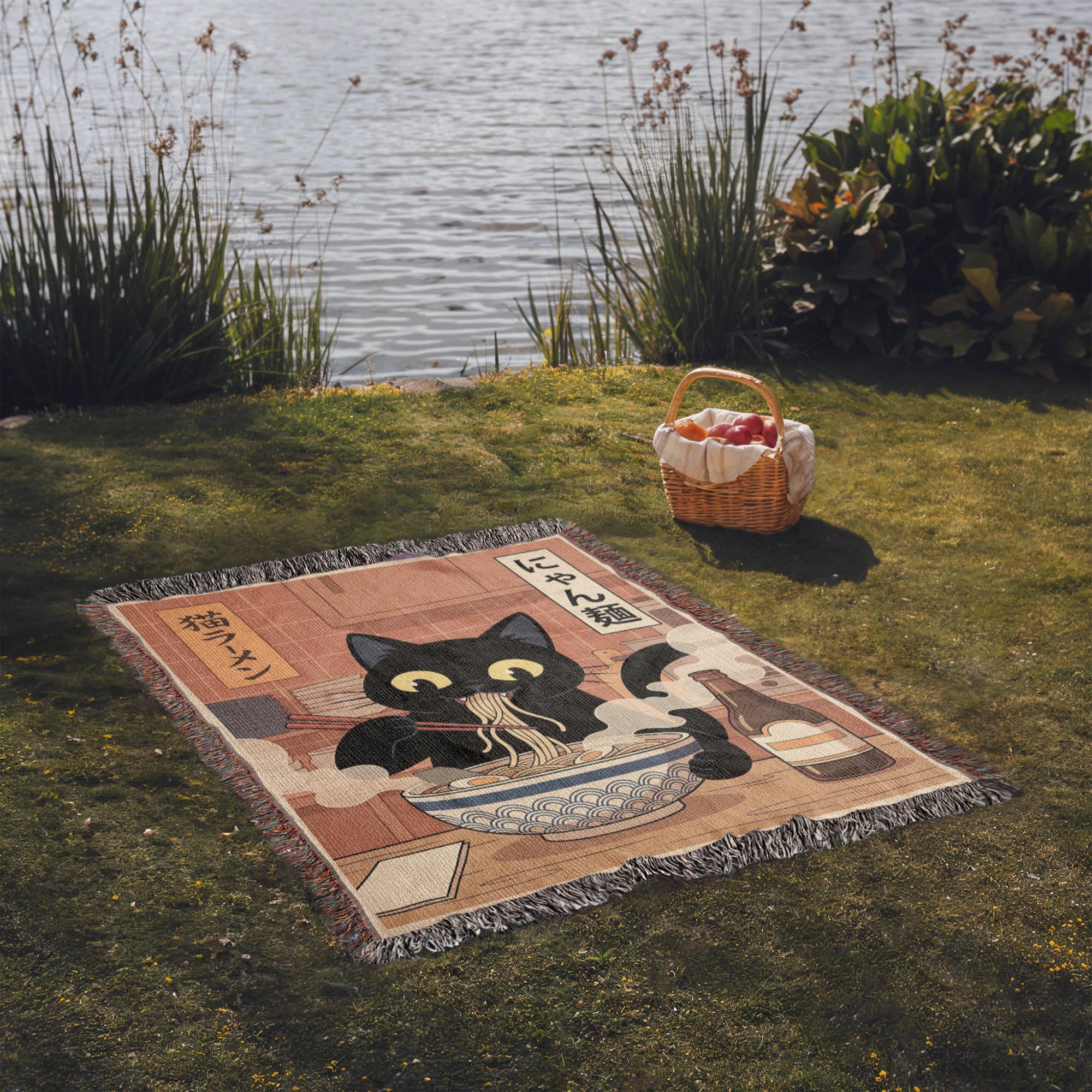 Black Cat Ramen Woven Cotton Blanket - Image 5