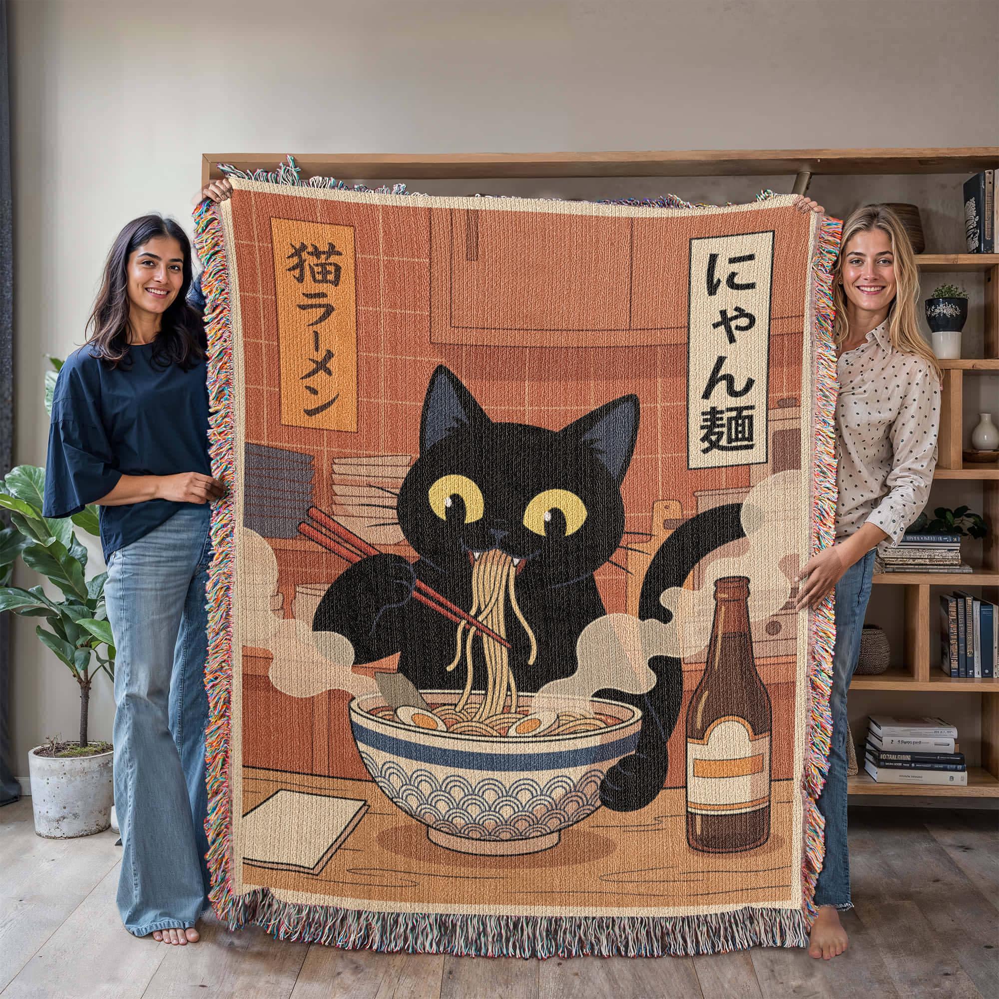 Black Cat Ramen Woven Cotton Blanket - Image 10
