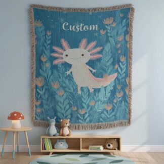 Personalized Axolotl Custom Name Kids Gift Woven Cotton Blanket