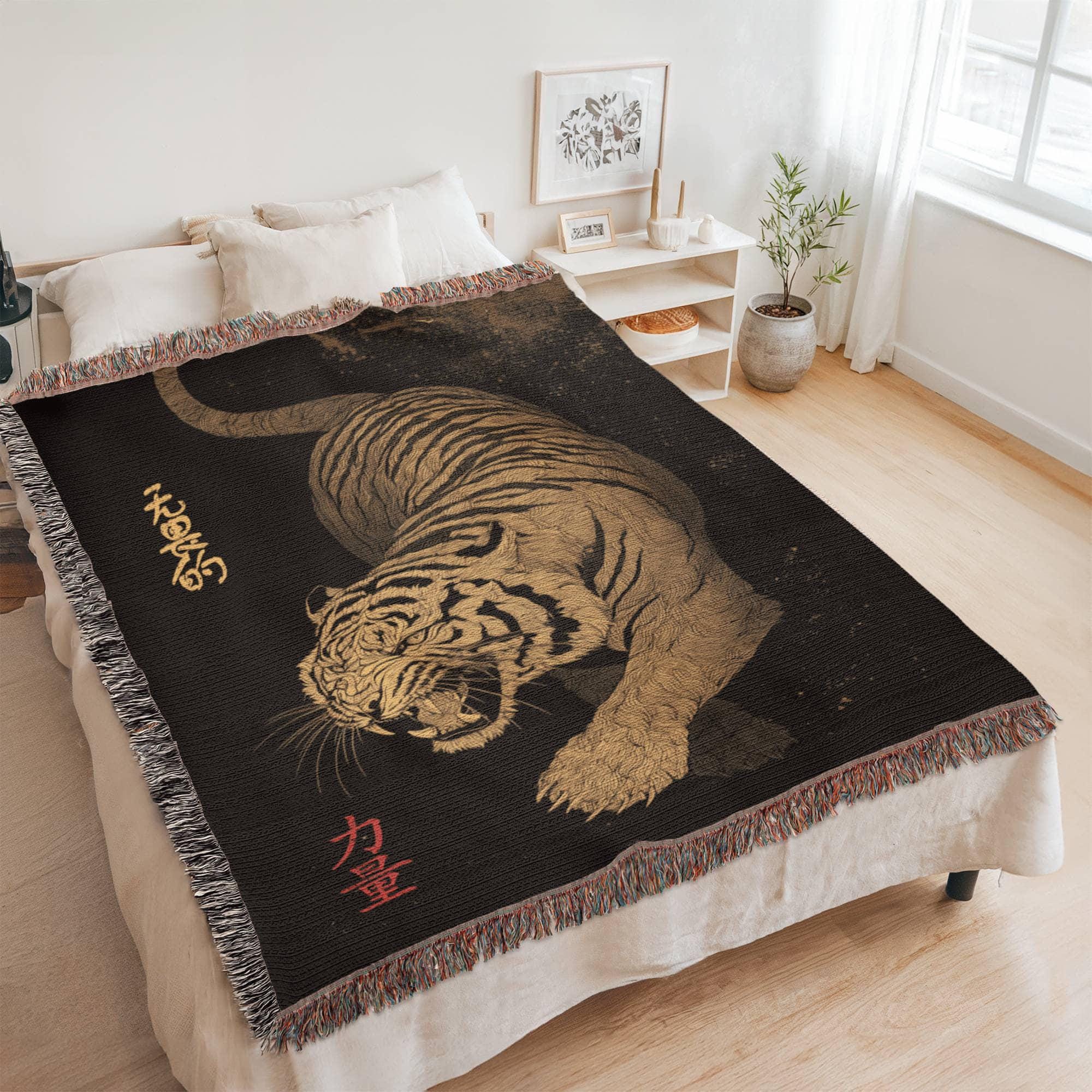 Chinese Tiger Oriental Decor Woven Cotton Blanket - Image 5