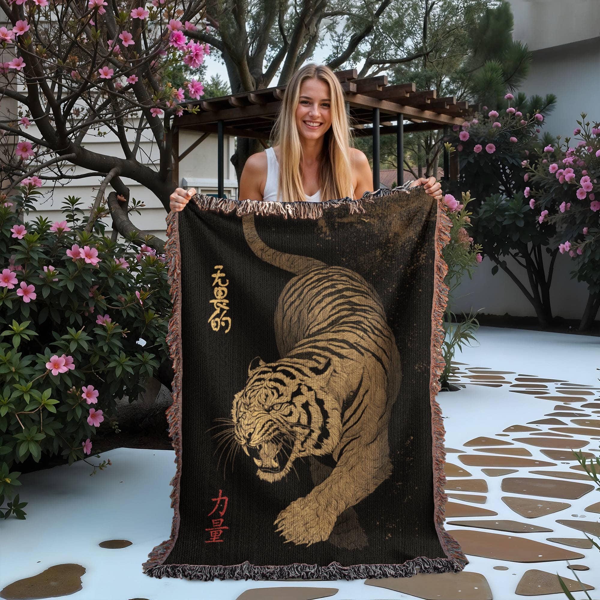 Chinese Tiger Oriental Decor Woven Cotton Blanket - Image 2