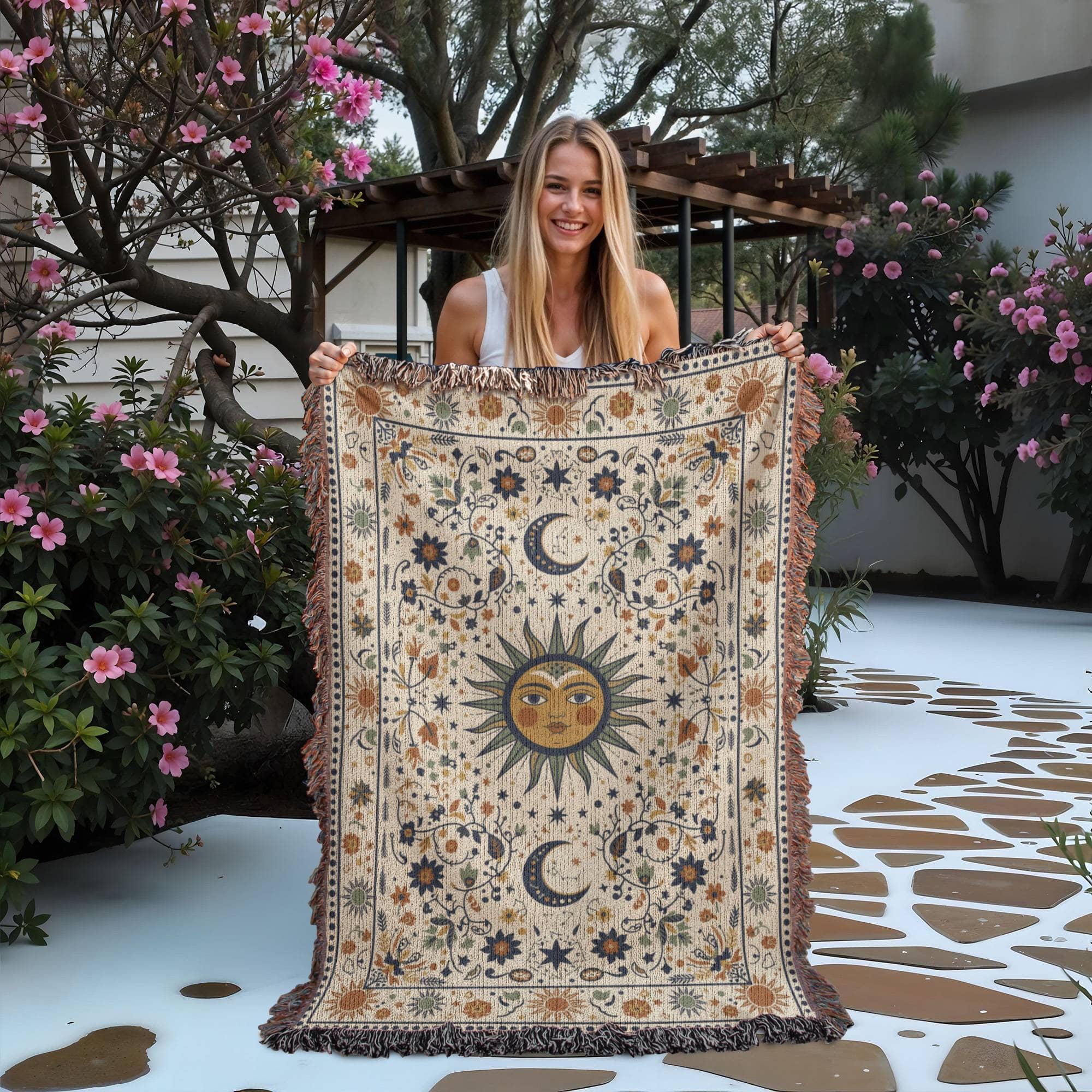 Boho Sun and Moon Woven Cotton Blanket - Image 3
