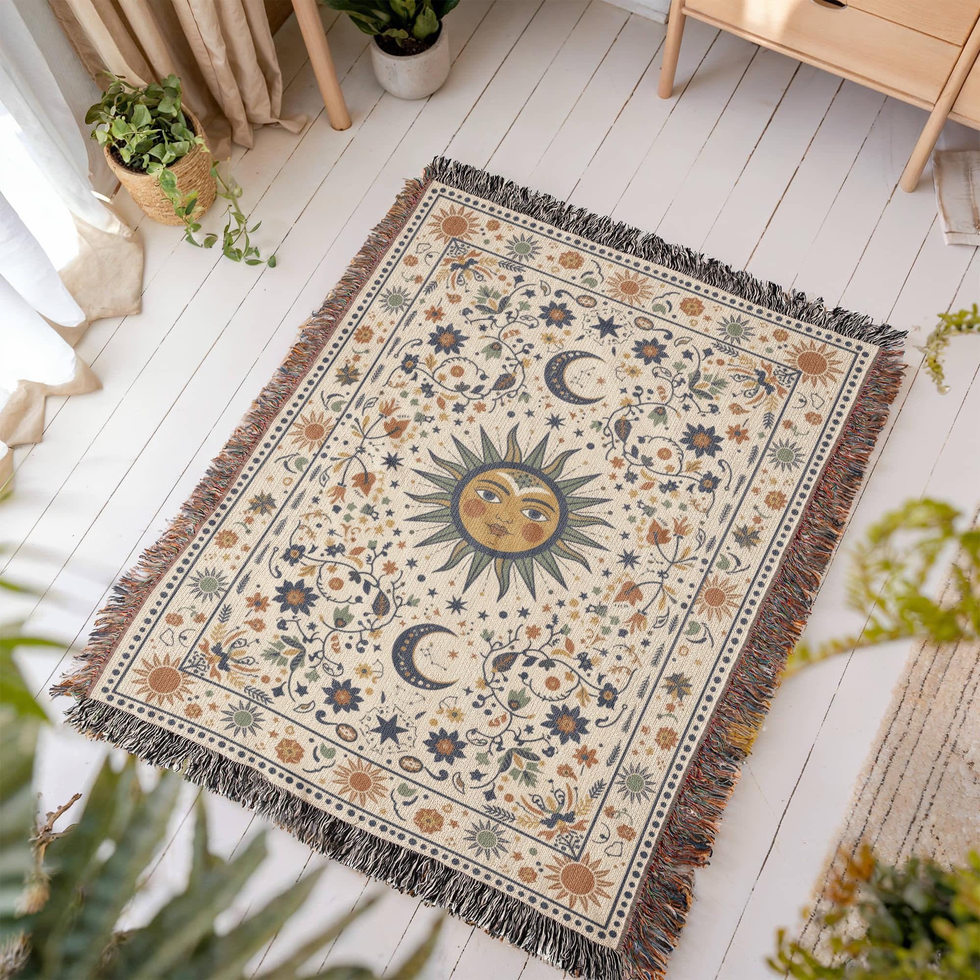Boho Sun and Moon Woven Cotton Blanket - Image 6