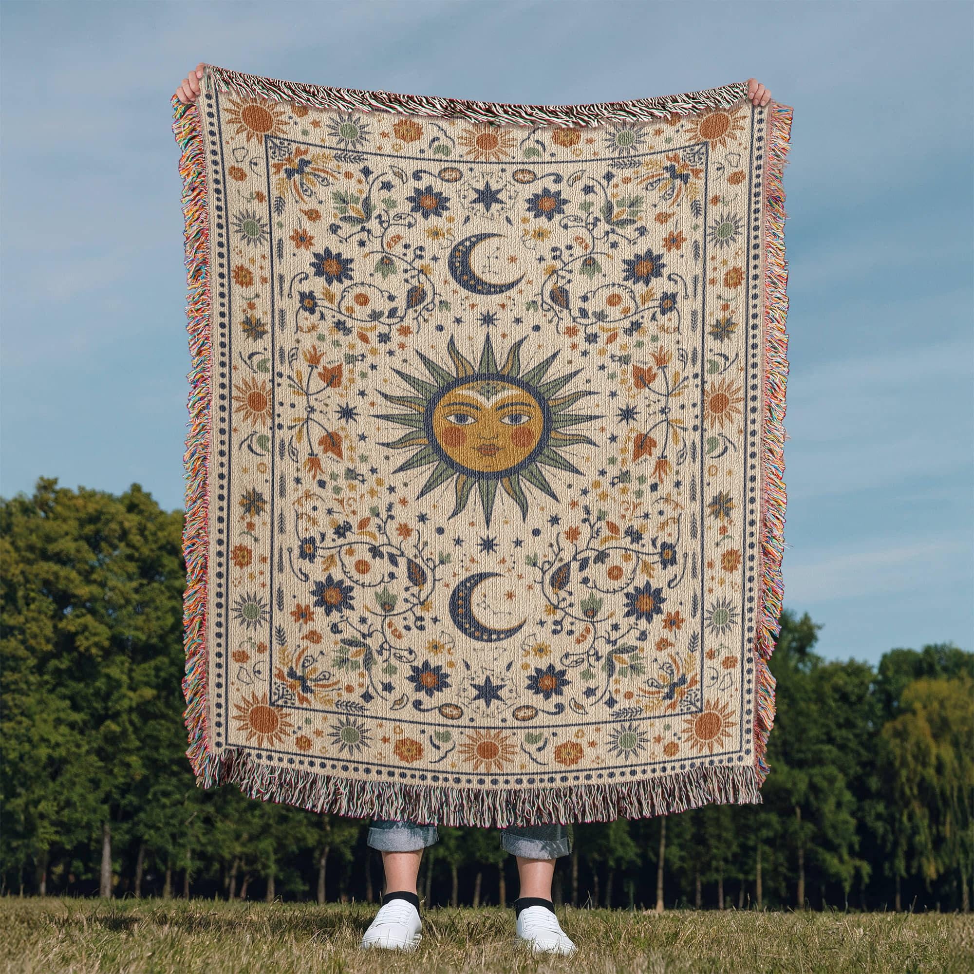 Boho Sun and Moon Woven Cotton Blanket - Image 10