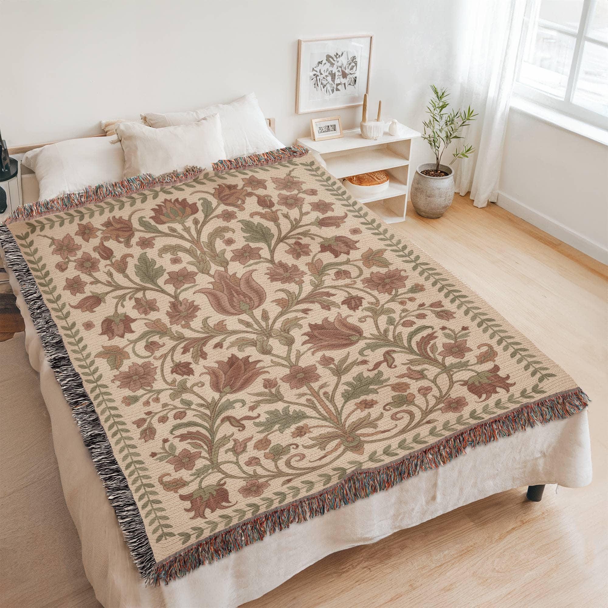 Cream Botanical Floral Woven Cotton Blanket - Image 9