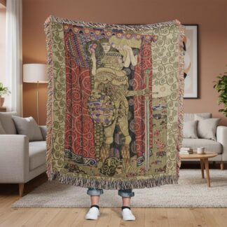Medieval Armed Knight Gustav Klimt Woven Cotton Blanket