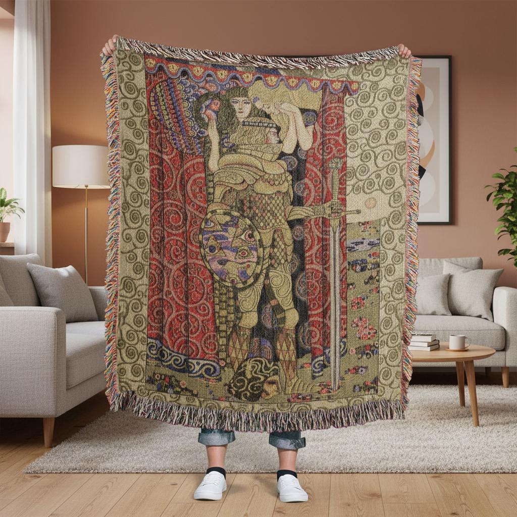 Medieval Armed Knight Gustav Klimt Woven Cotton Blanket