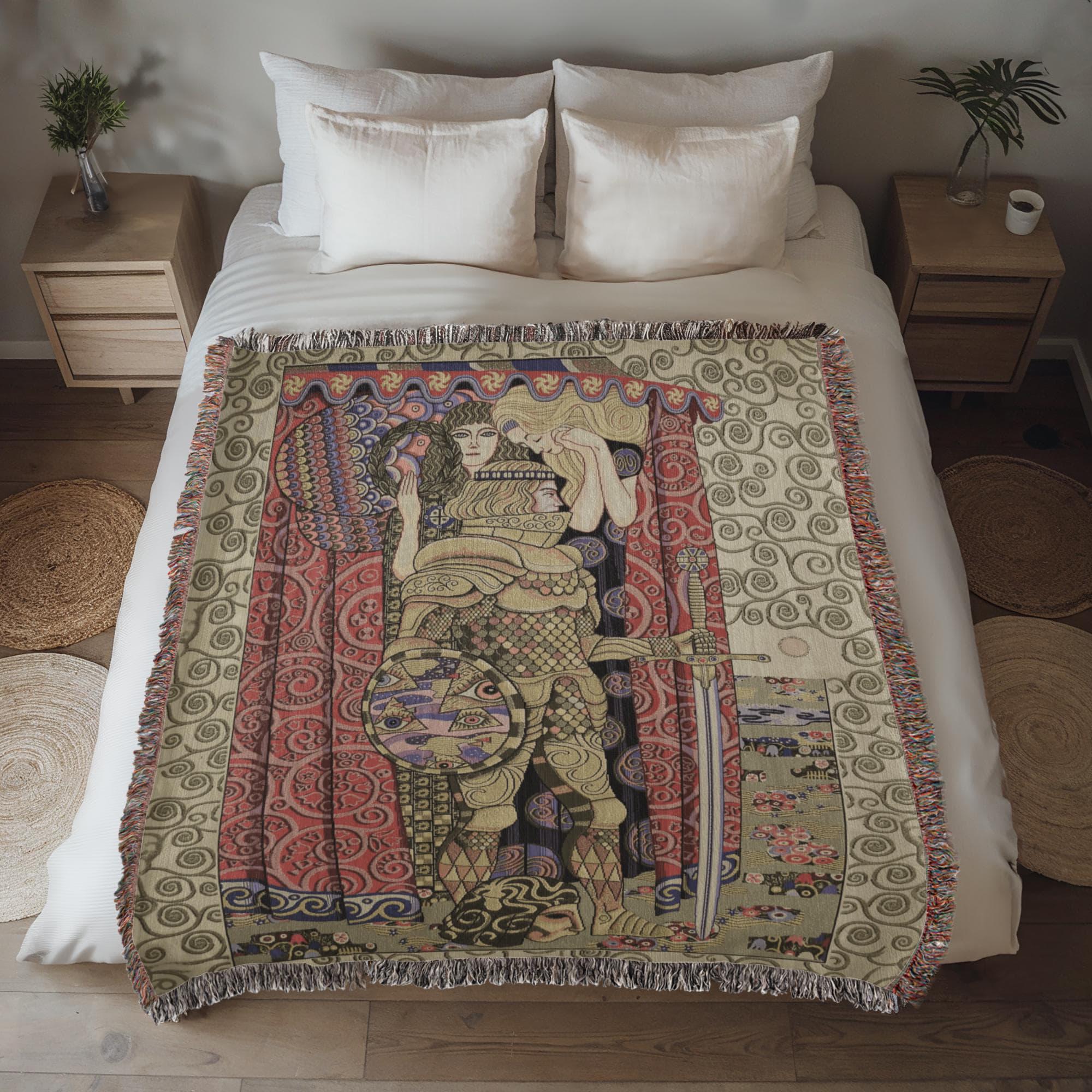 Medieval Armed Knight Gustav Klimt Woven Cotton Blanket - Image 4