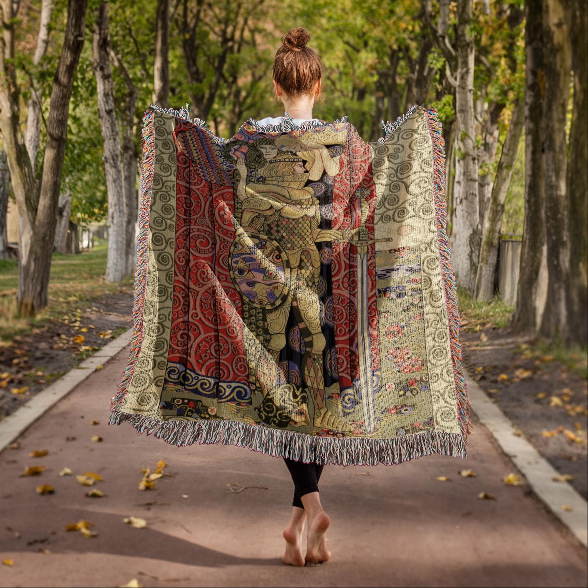 Medieval Armed Knight Gustav Klimt Woven Cotton Blanket - Image 2