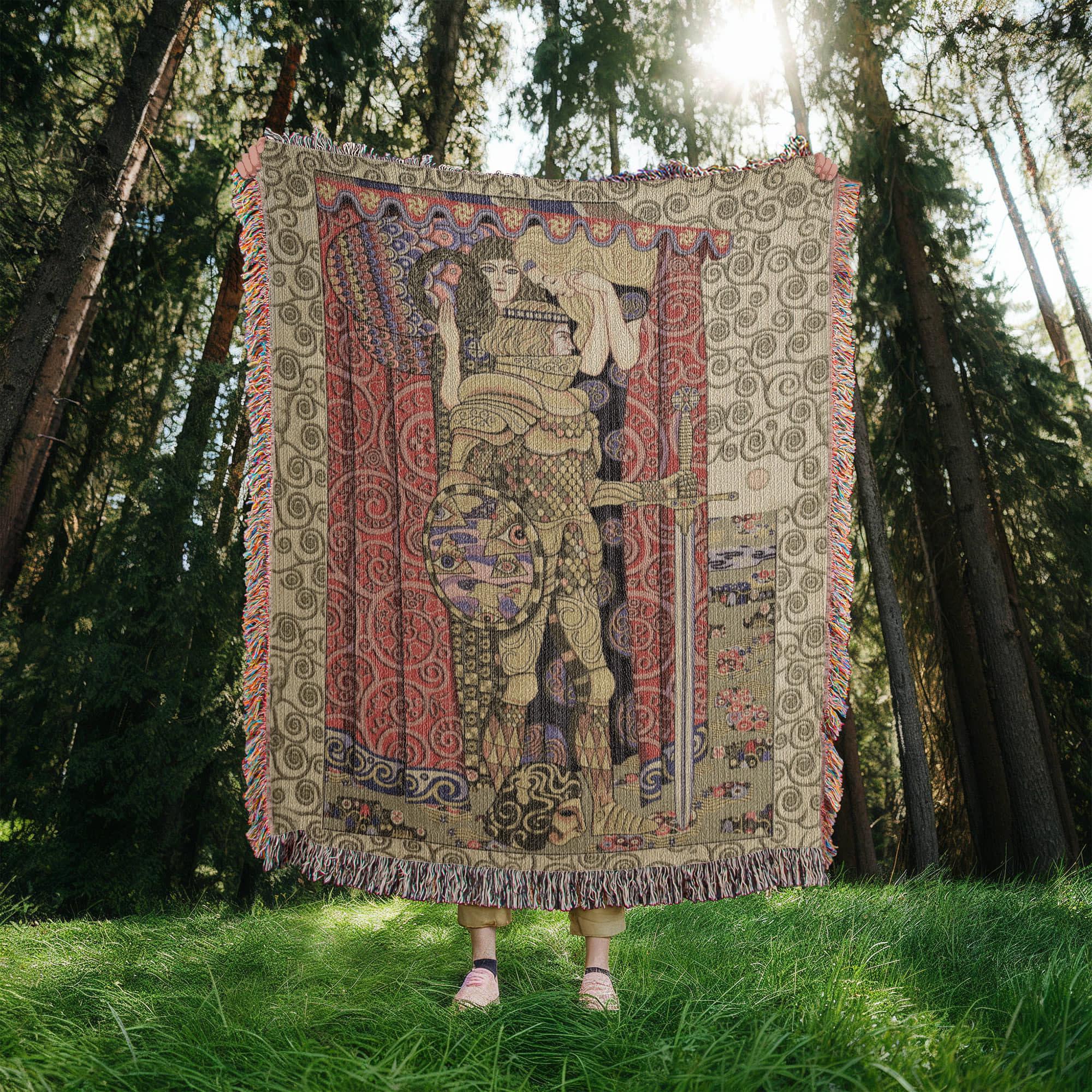 Medieval Armed Knight Gustav Klimt Woven Cotton Blanket - Image 3