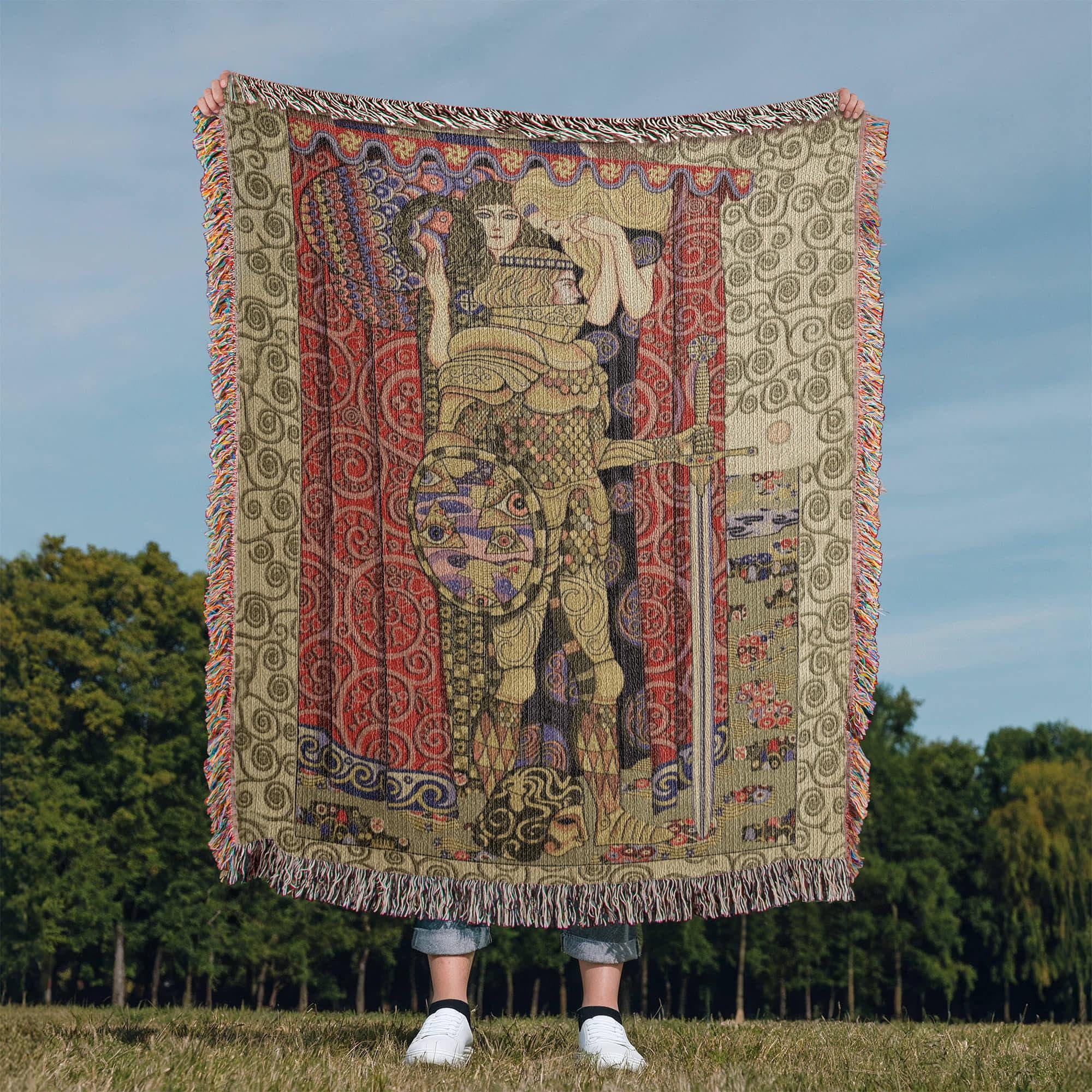 Medieval Armed Knight Gustav Klimt Woven Cotton Blanket - Image 8