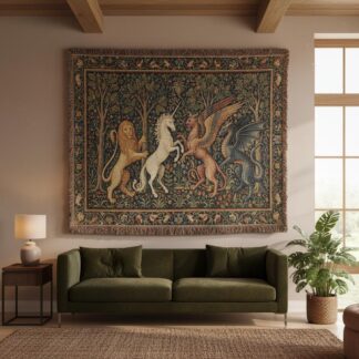 Medieval Beasts Mythical Creatures Woven Cotton Blanket
