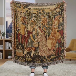 Medieval Grapes Harvest French Country Woven Cotton Blanket