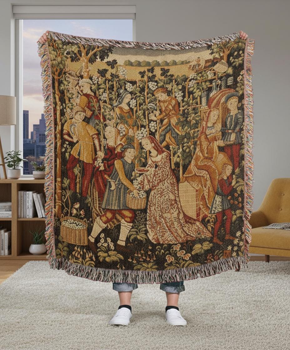 Medieval Grapes Harvest French Country Woven Cotton Blanket
