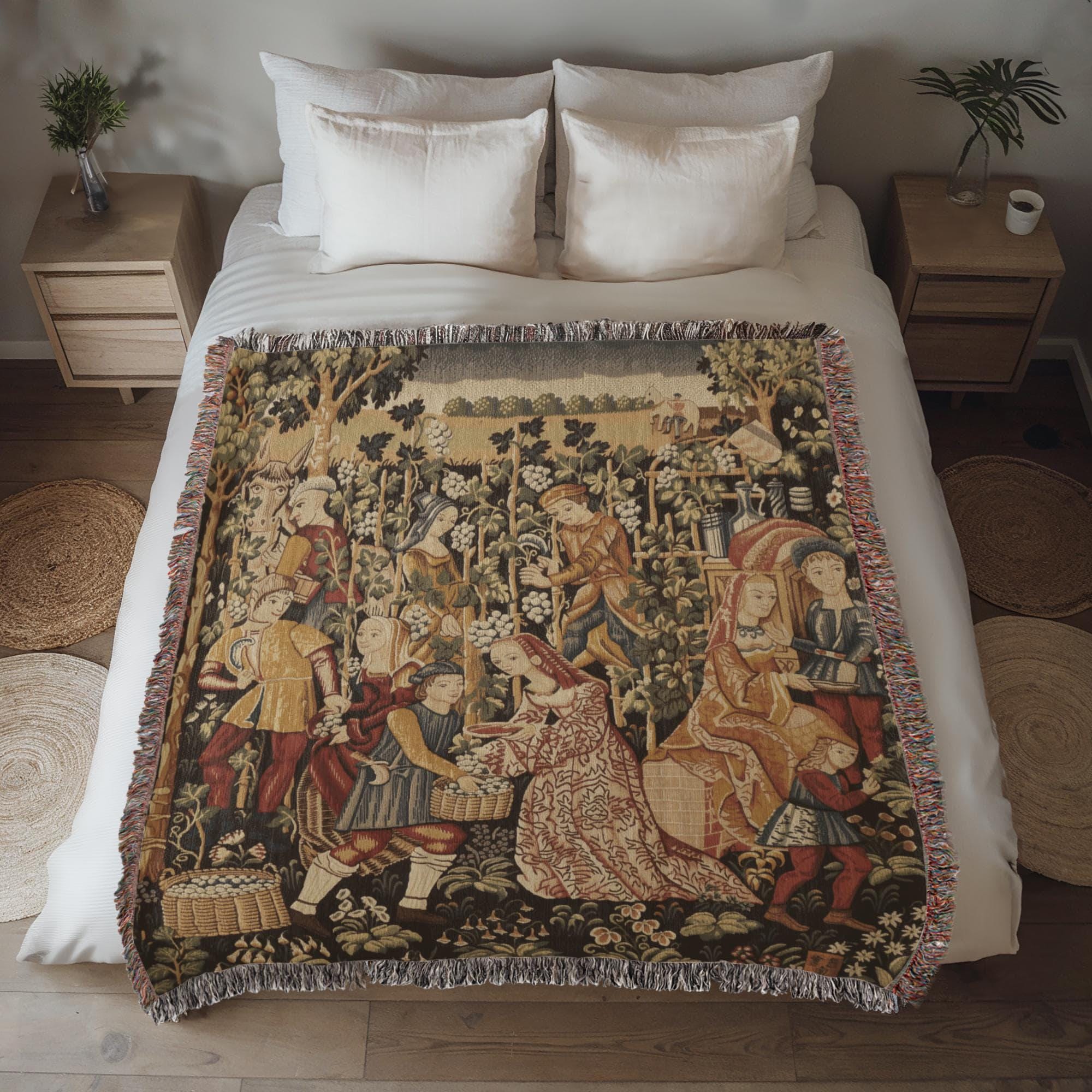 Medieval Grapes Harvest French Country Woven Cotton Blanket - Image 3