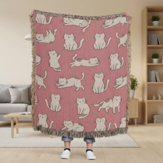 Pink Kawaii Cats Kids Bedding Gift for Pet Lovers Woven Cotton Blanket