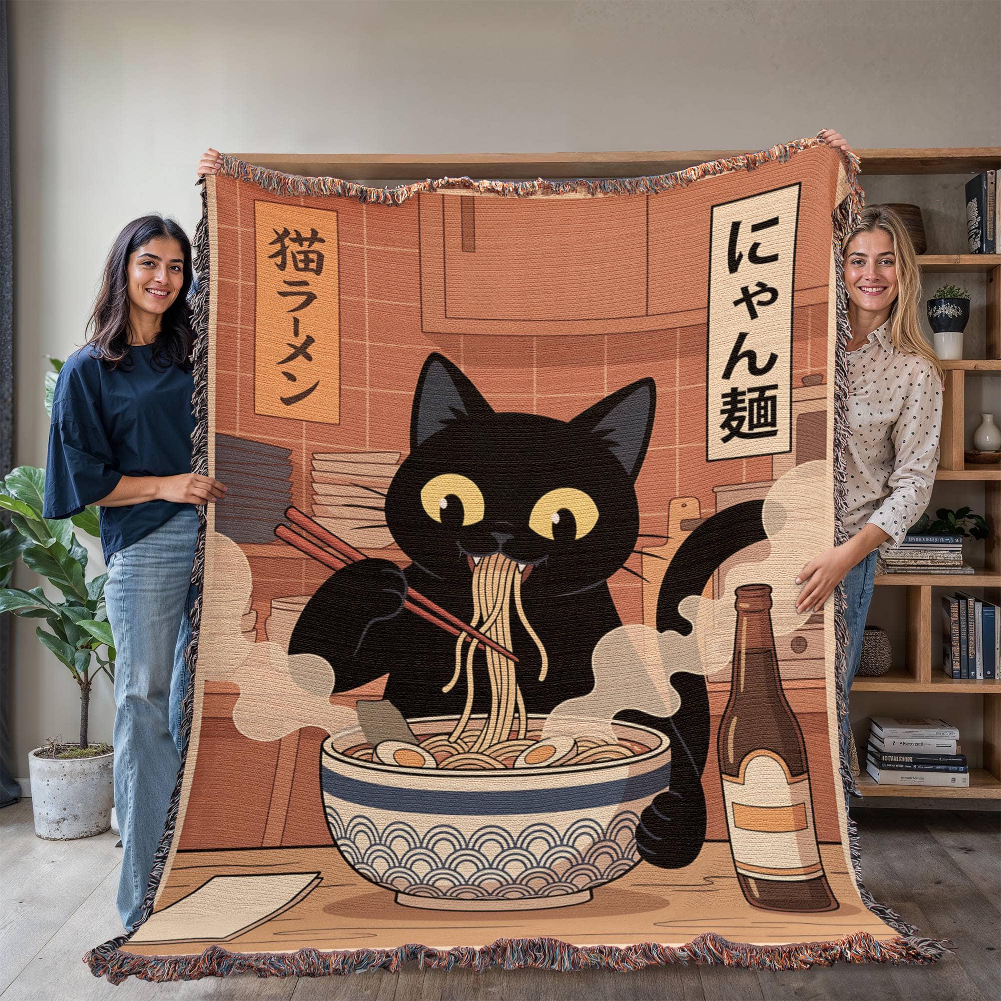 Black Cat Ramen Woven Cotton Blanket - Image 4