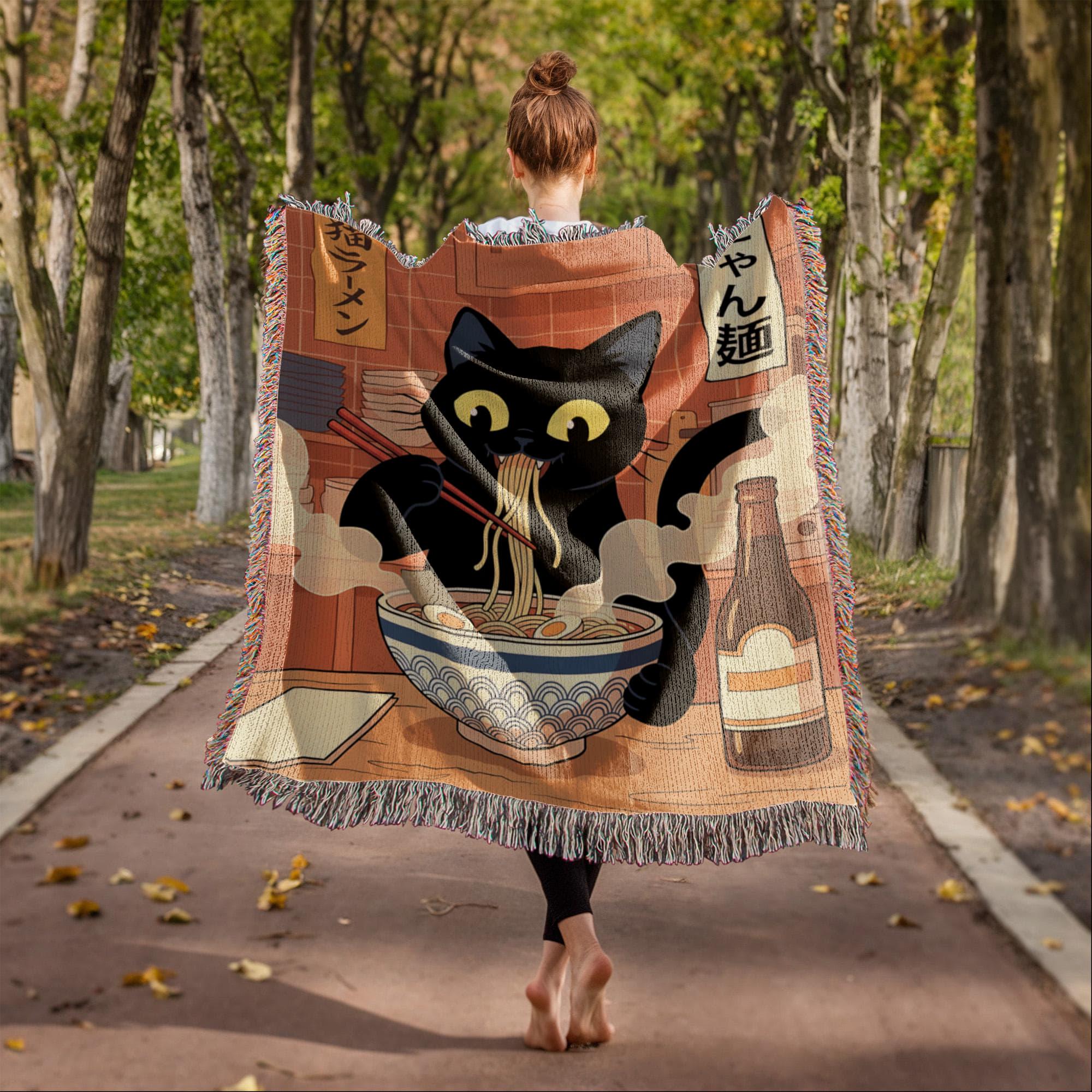 Black Cat Ramen Woven Cotton Blanket - Image 6