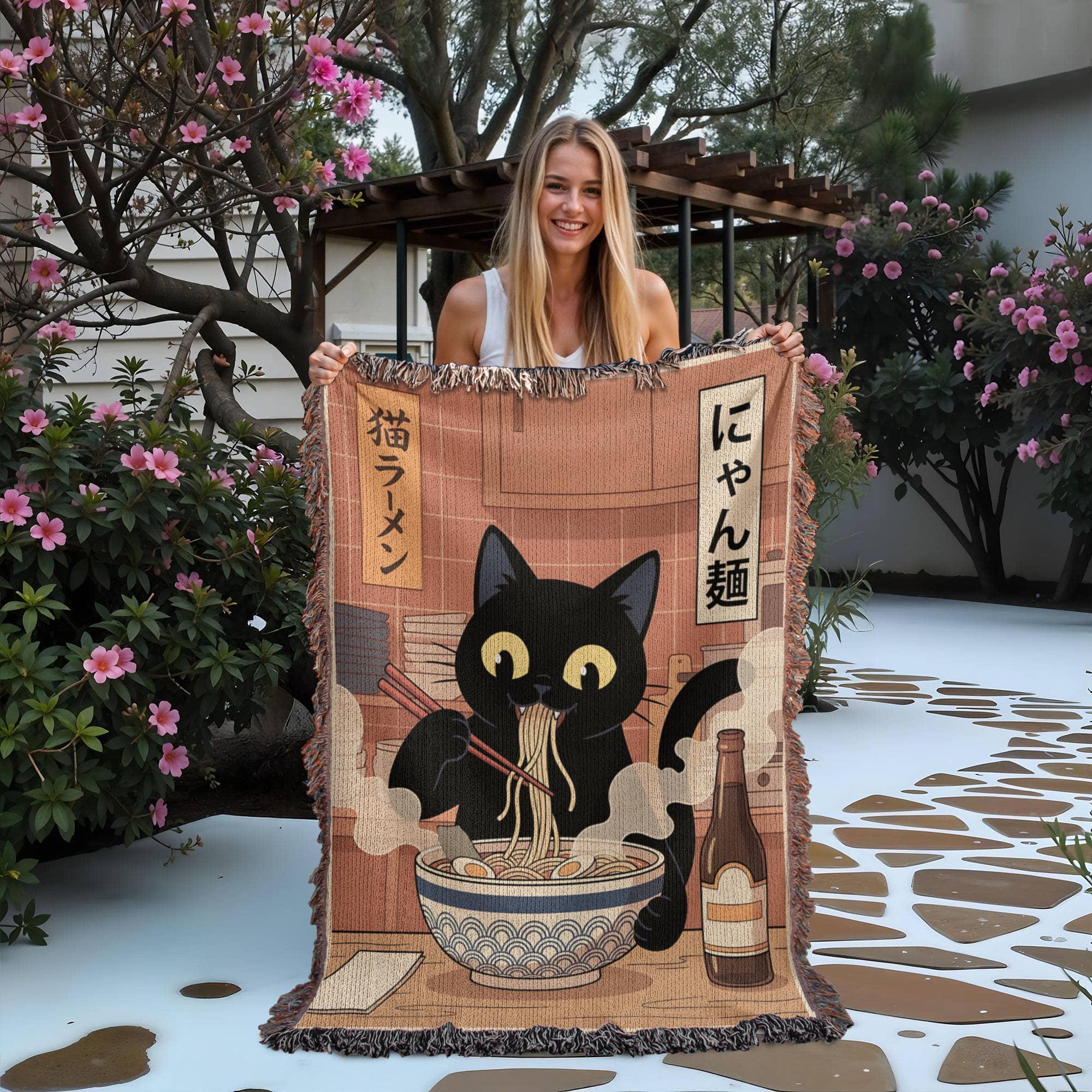 Black Cat Ramen Woven Cotton Blanket - Image 2