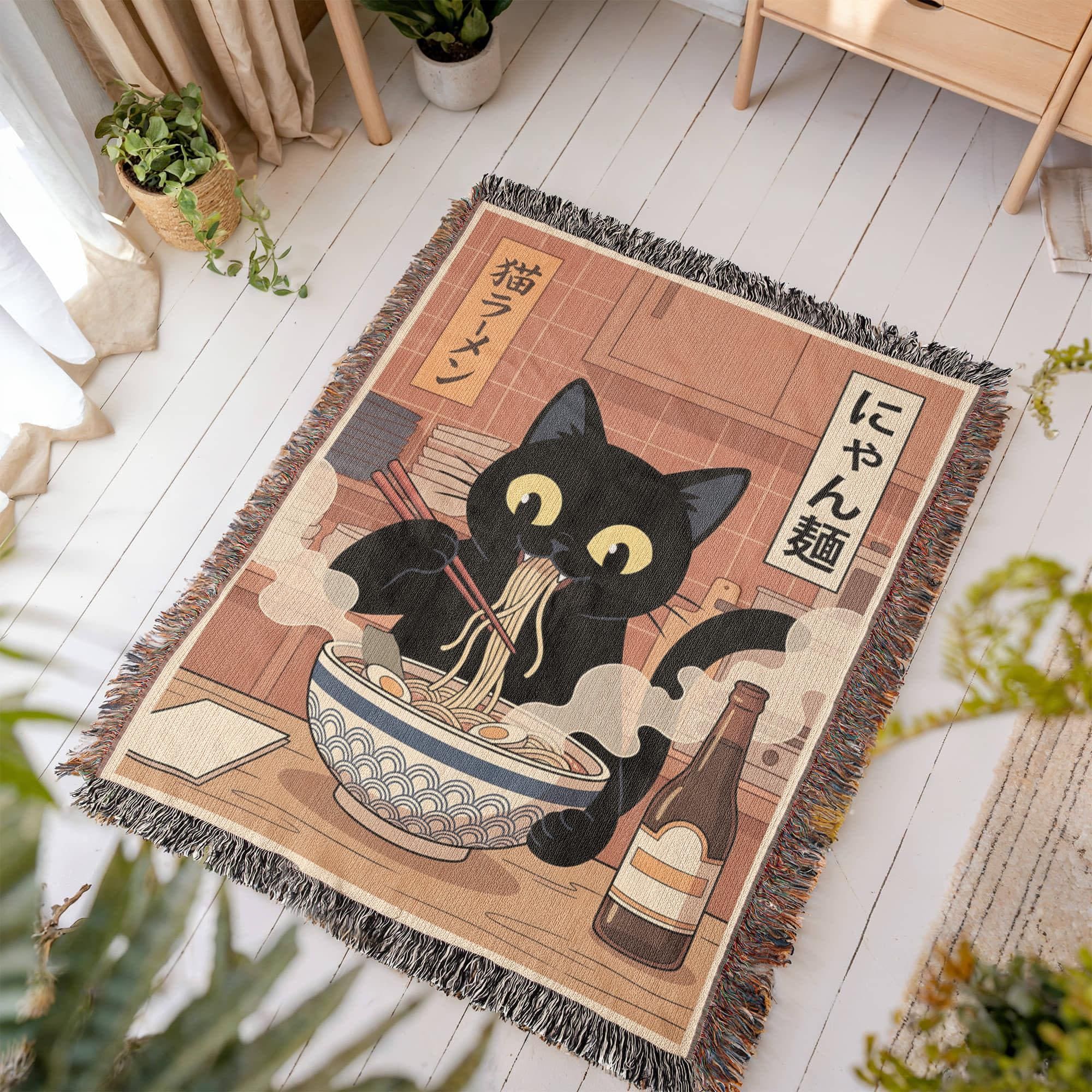 Black Cat Ramen Woven Cotton Blanket - Image 7