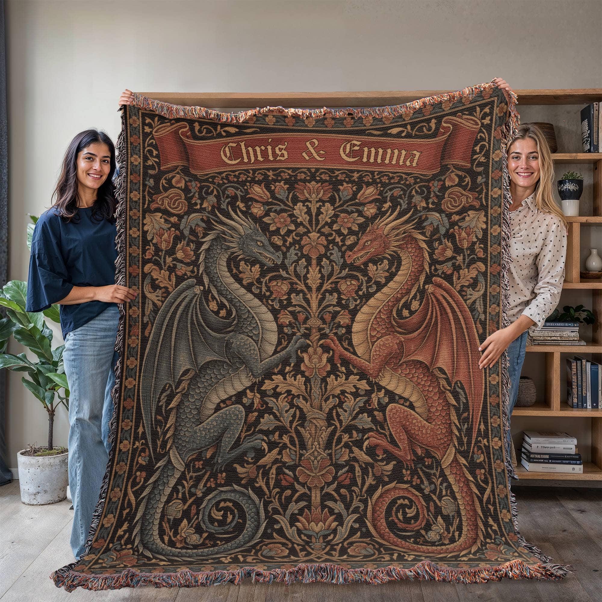 Personalized Dragon Couple Woven Cotton Blanket - Image 3
