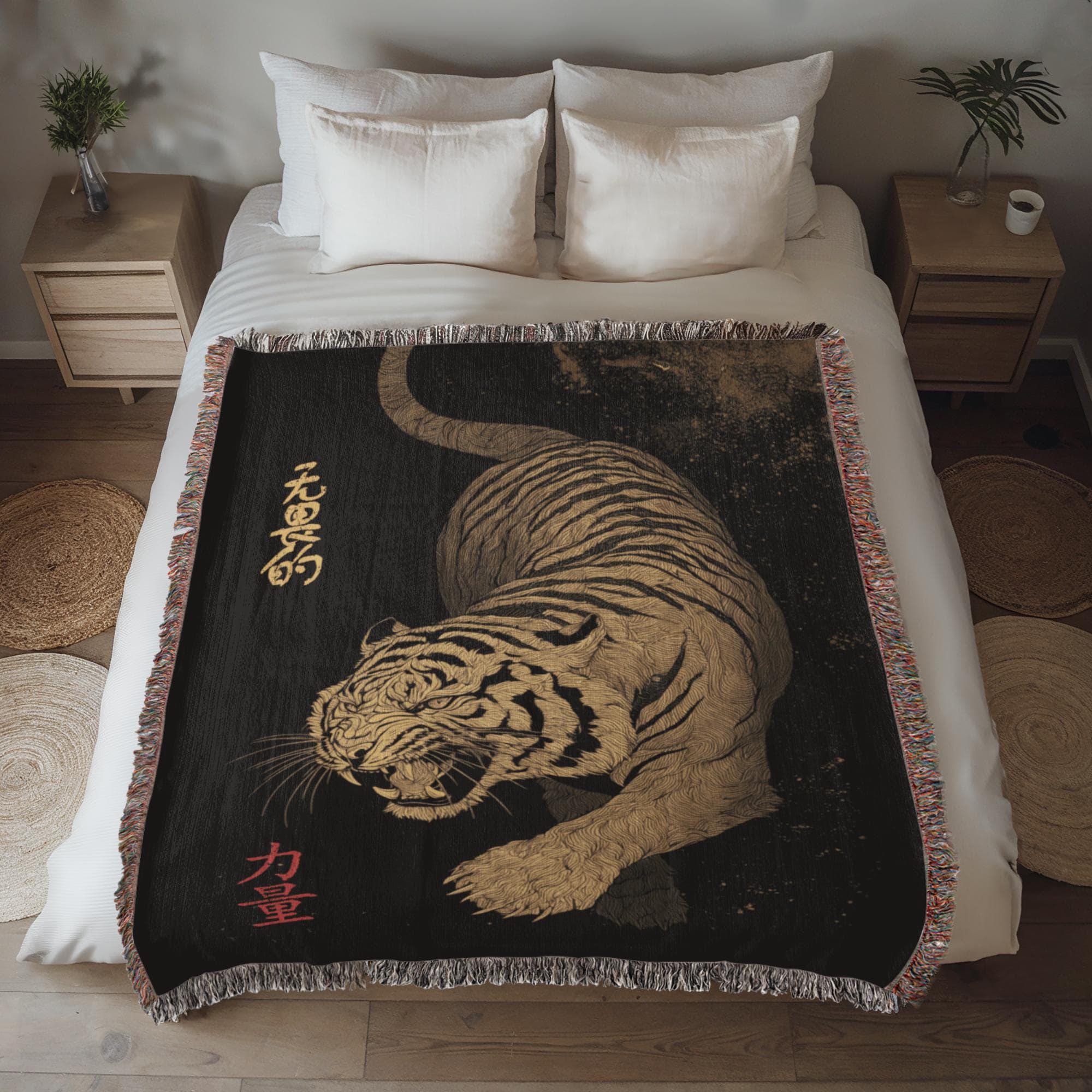 Chinese Tiger Oriental Decor Woven Cotton Blanket - Image 3