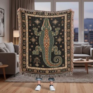 Crocodile Folk Art Southwestern Style Alligator Woven Cotton Blanket