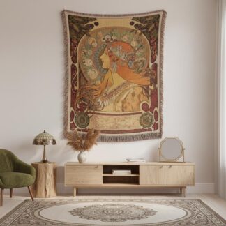 Alphonse Mucha Zodiac Art Nouveau Celestial Woven Cotton Blanket