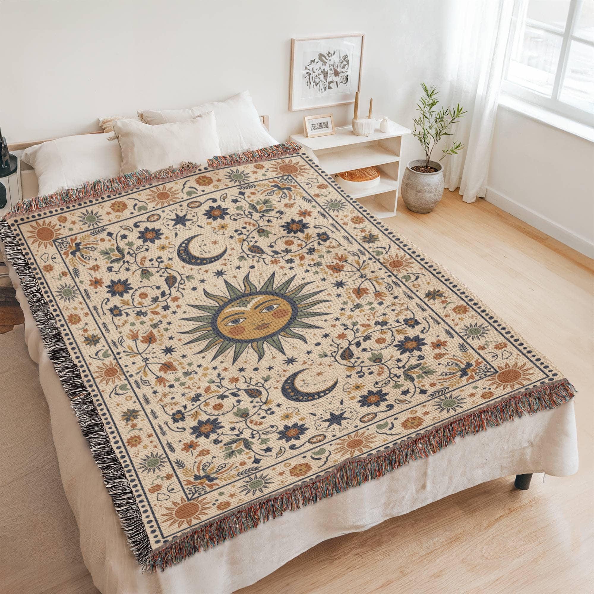 Boho Sun and Moon Woven Cotton Blanket - Image 4