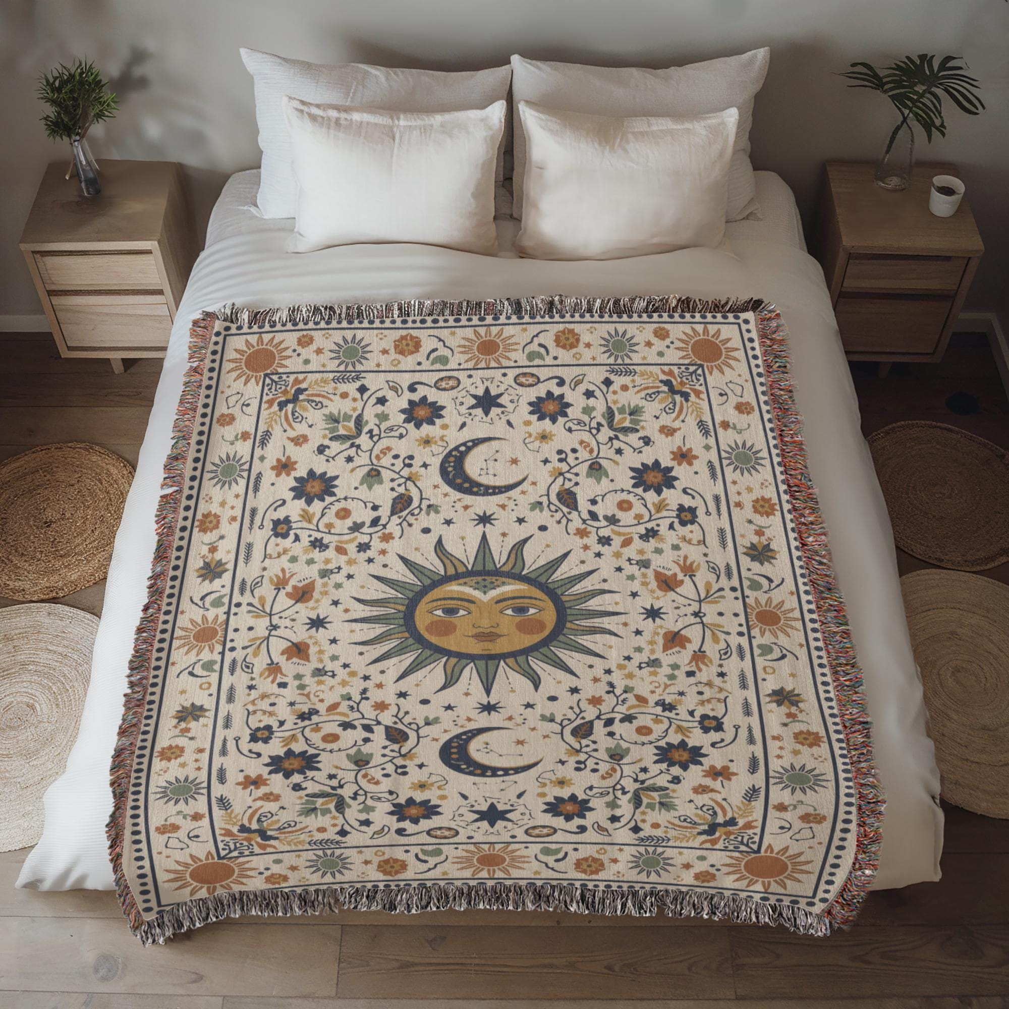 Boho Sun and Moon Woven Cotton Blanket - Image 8