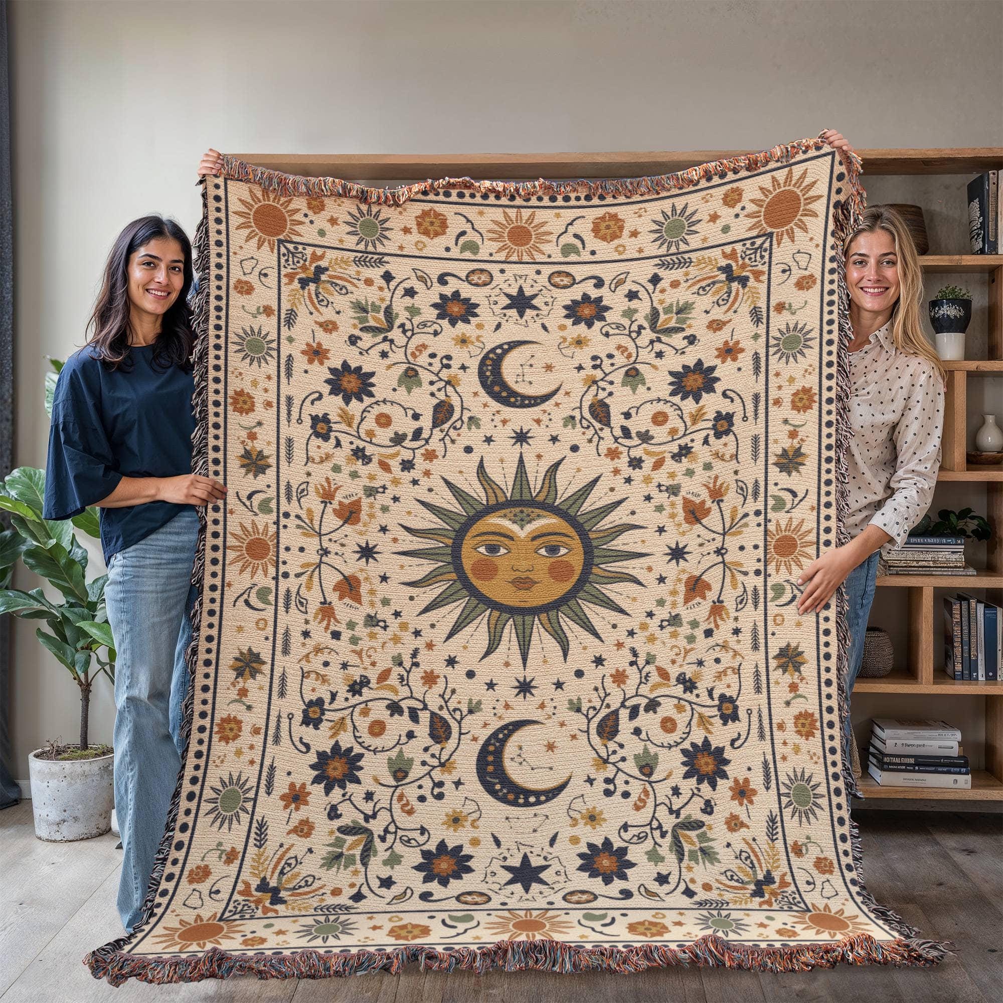 Boho Sun and Moon Woven Cotton Blanket - Image 5