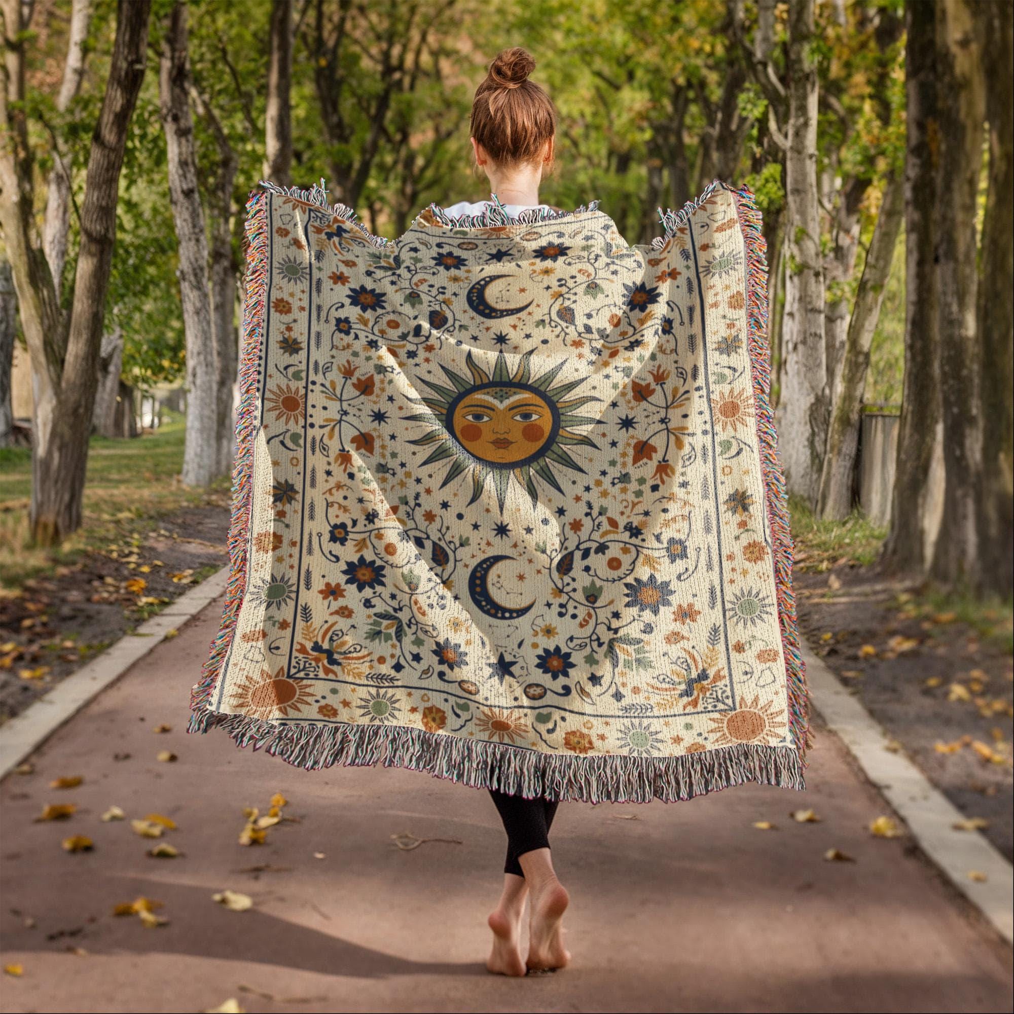 Boho Sun and Moon Woven Cotton Blanket - Image 2