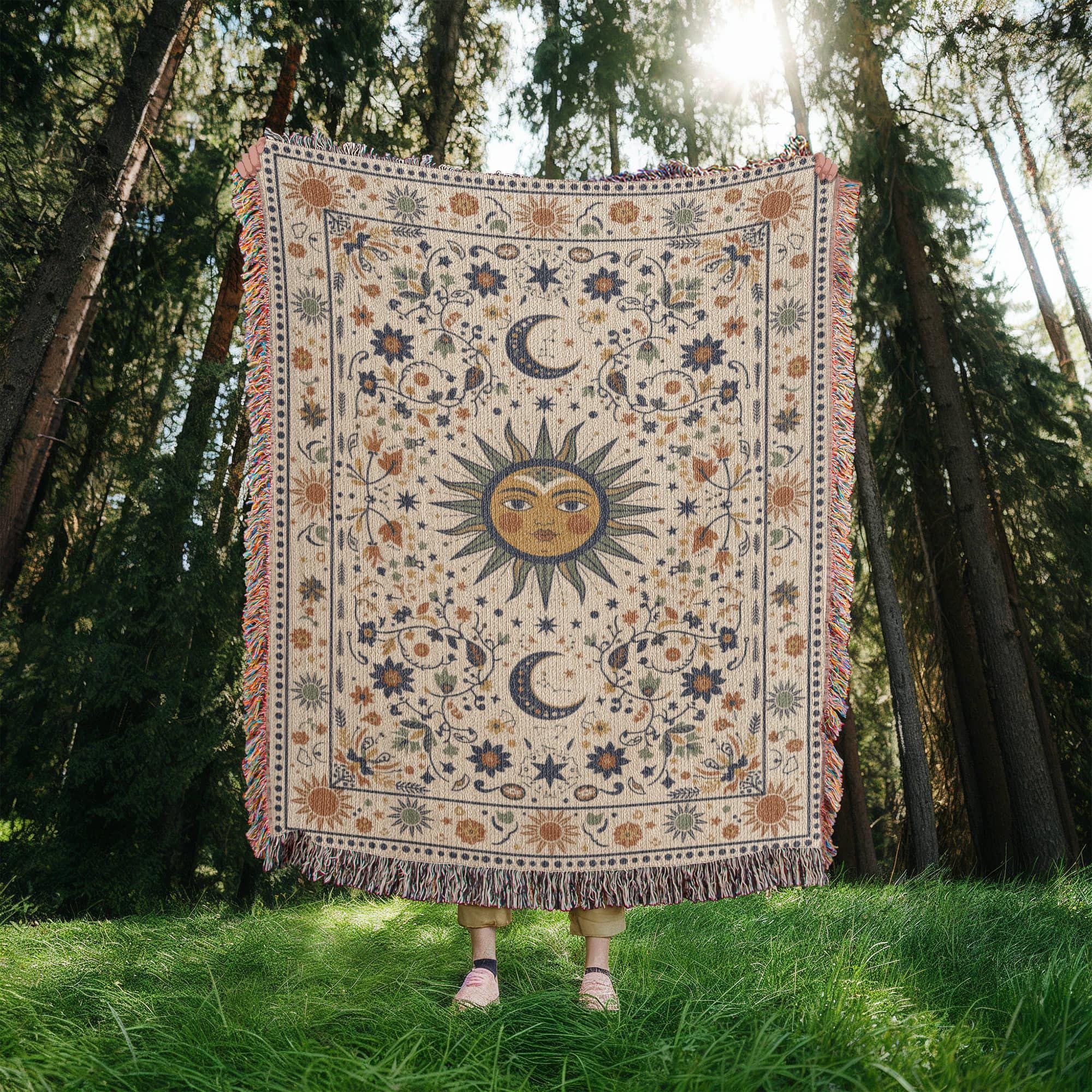 Boho Sun and Moon Woven Cotton Blanket - Image 7