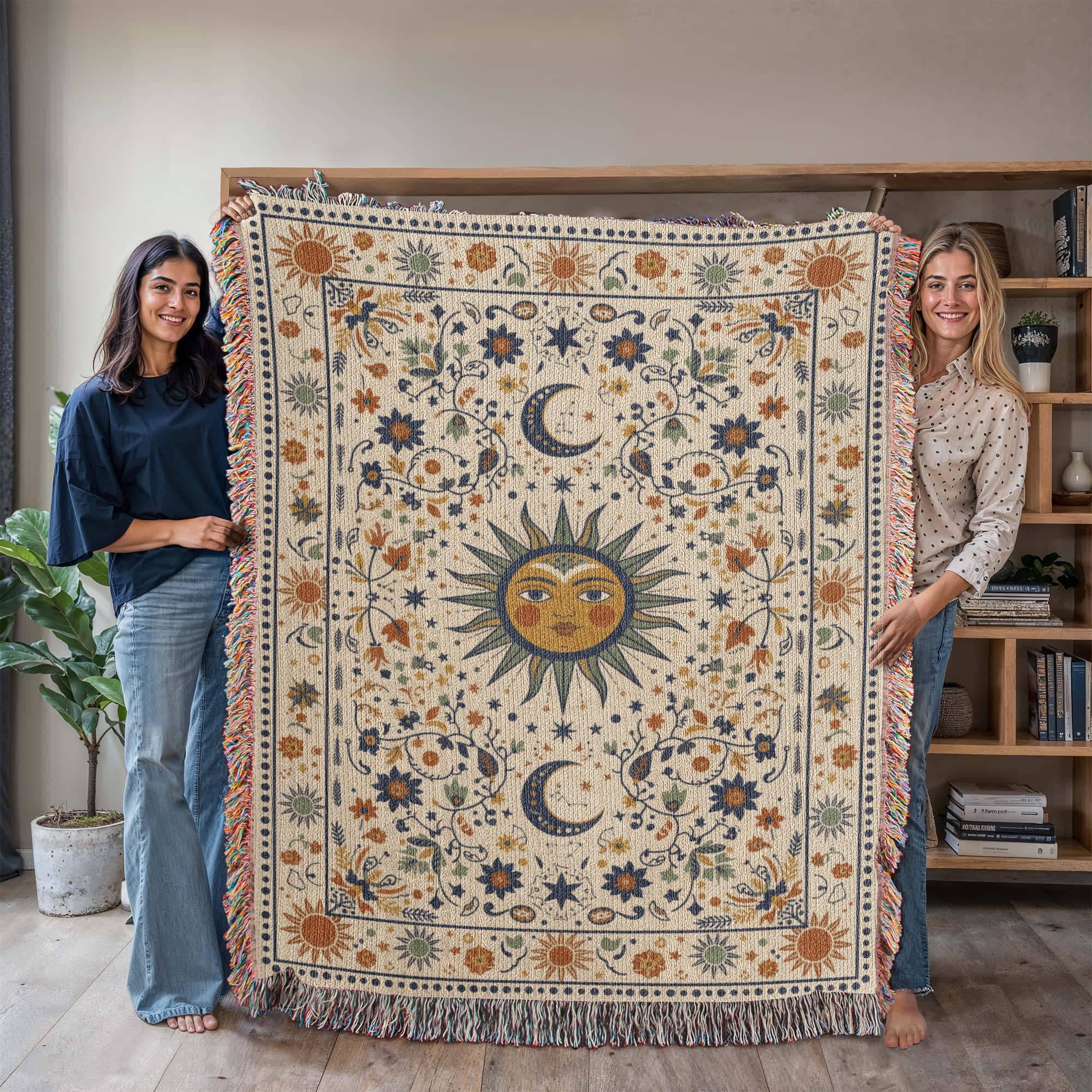Boho Sun and Moon Woven Cotton Blanket - Image 9