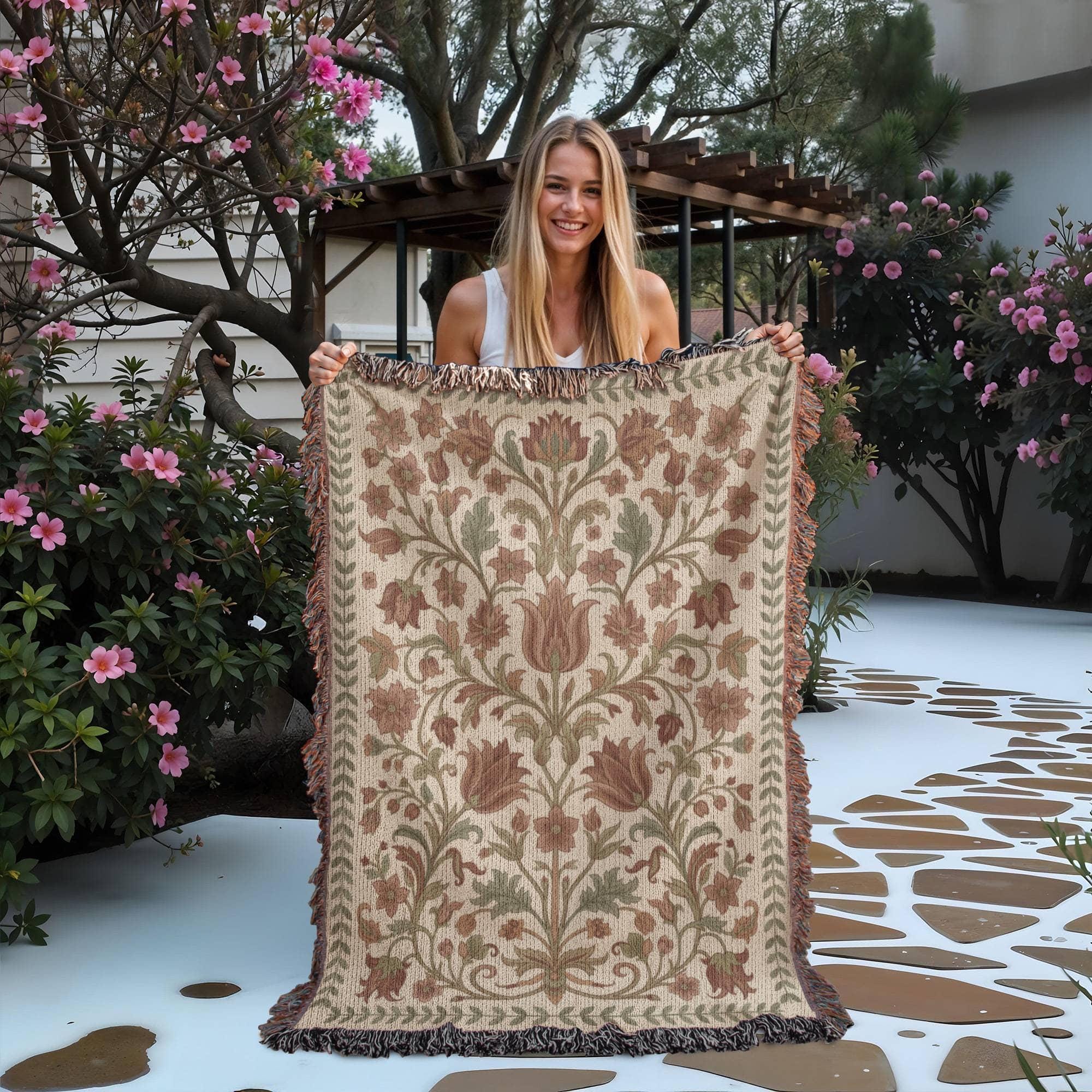 Cream Botanical Floral Woven Cotton Blanket - Image 5