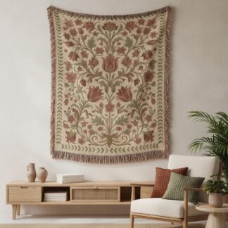 Cream Botanical Floral Woven Cotton Blanket