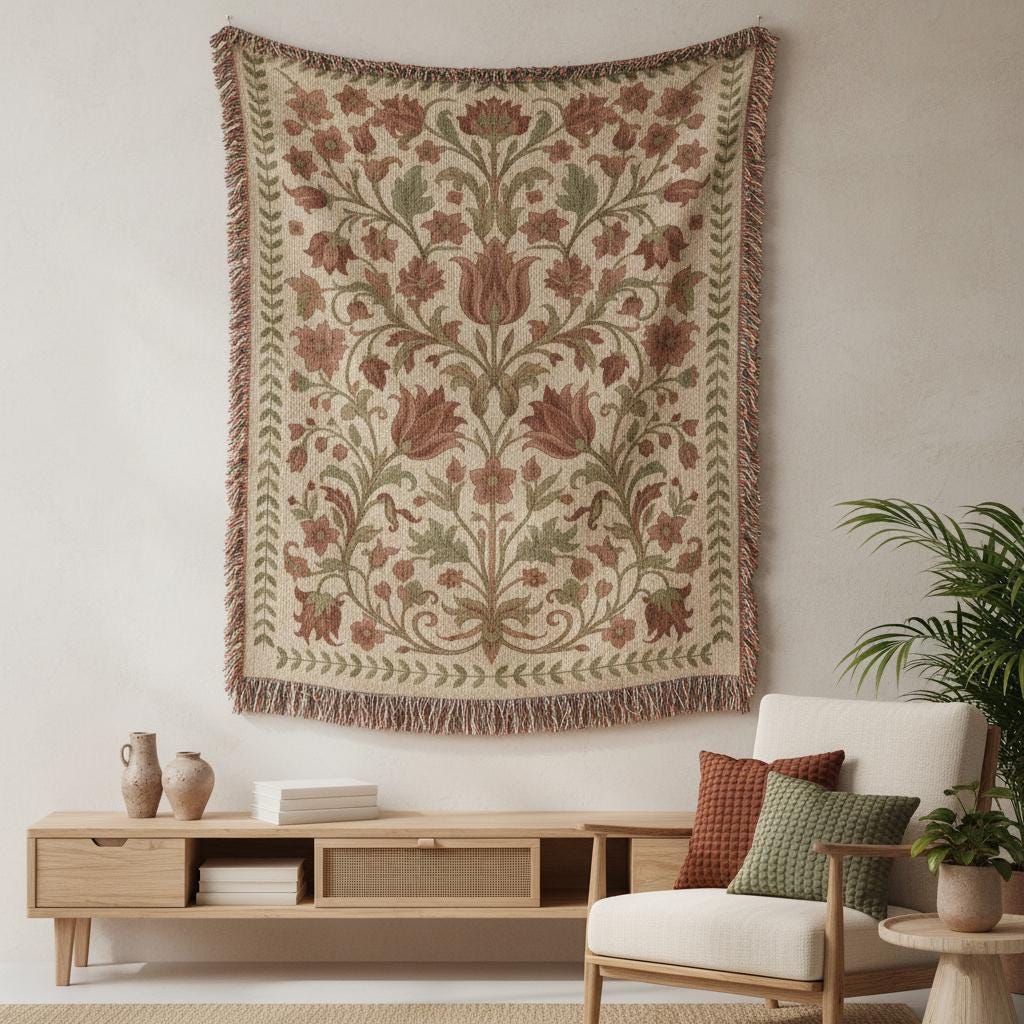 Cream Botanical Floral Woven Cotton Blanket