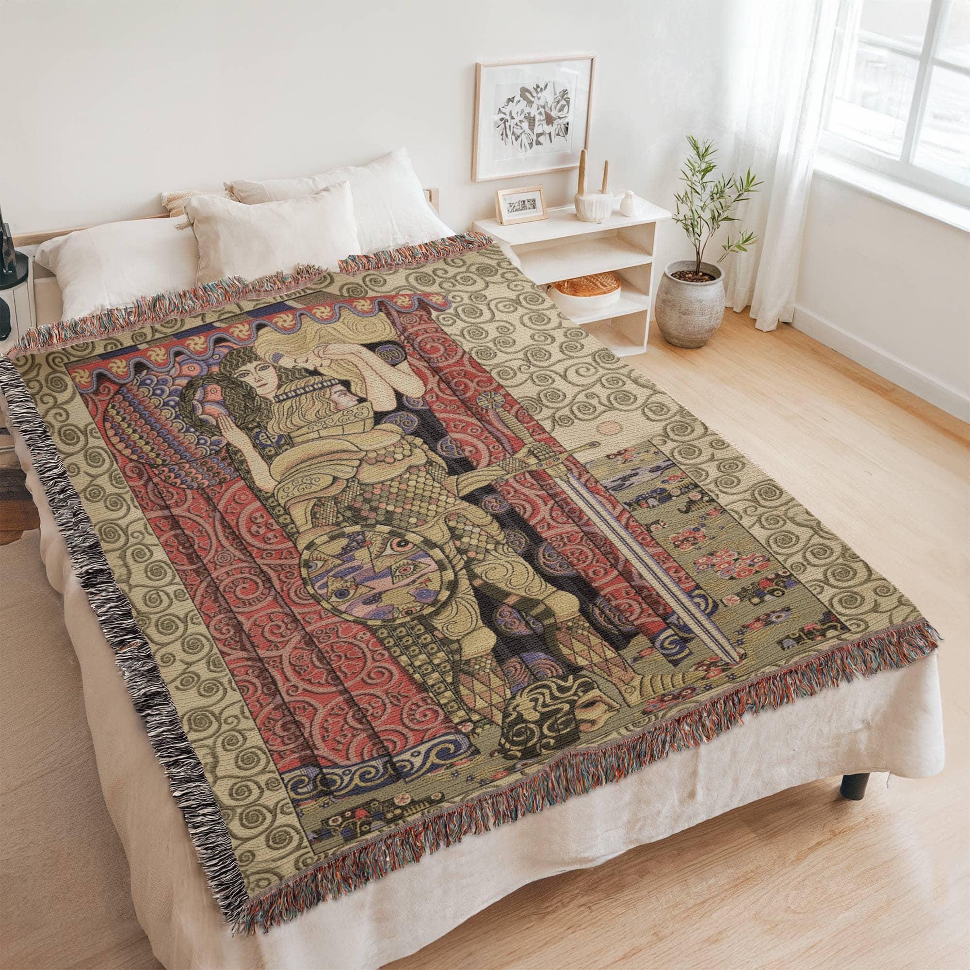 Medieval Armed Knight Gustav Klimt Woven Cotton Blanket - Image 9