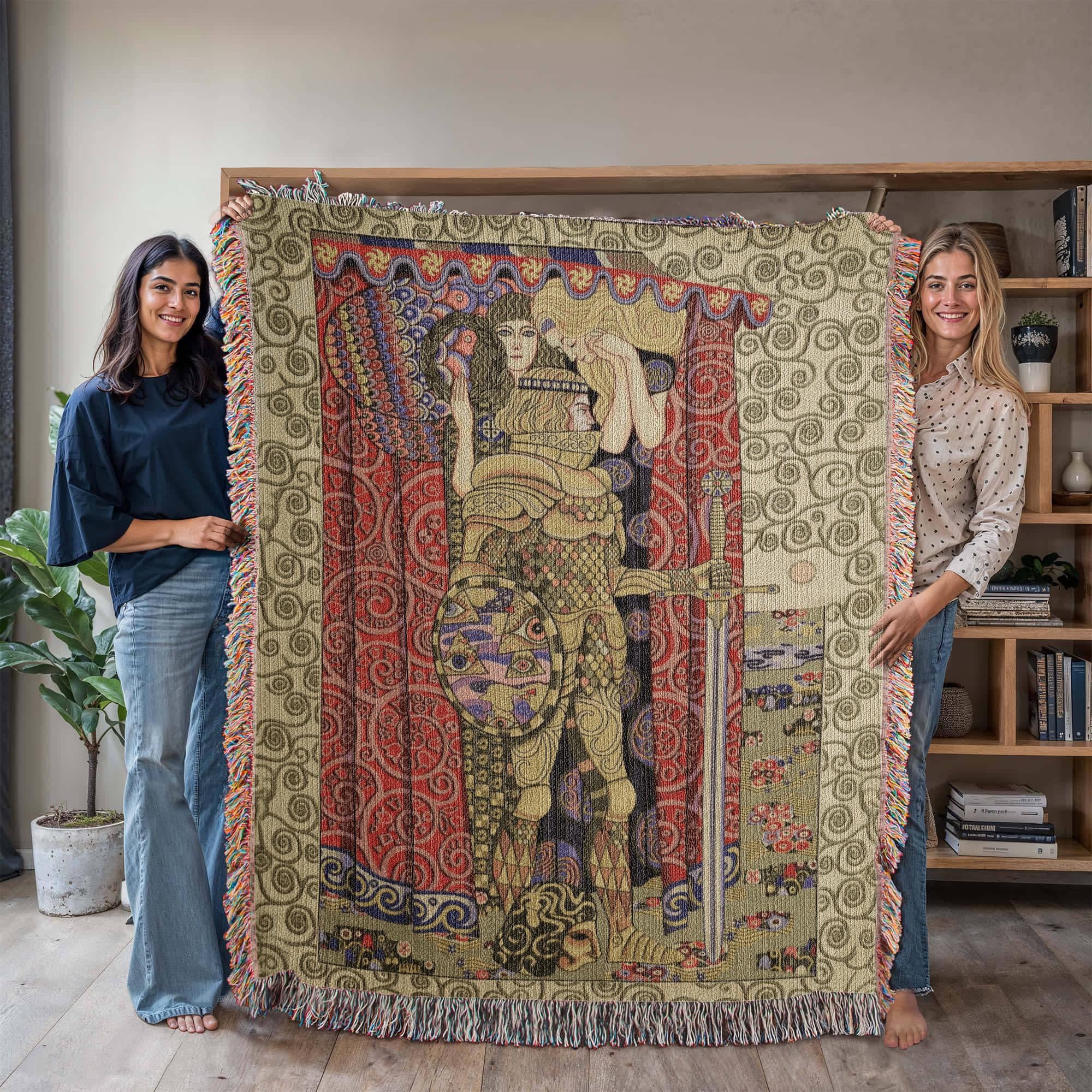 Medieval Armed Knight Gustav Klimt Woven Cotton Blanket - Image 7