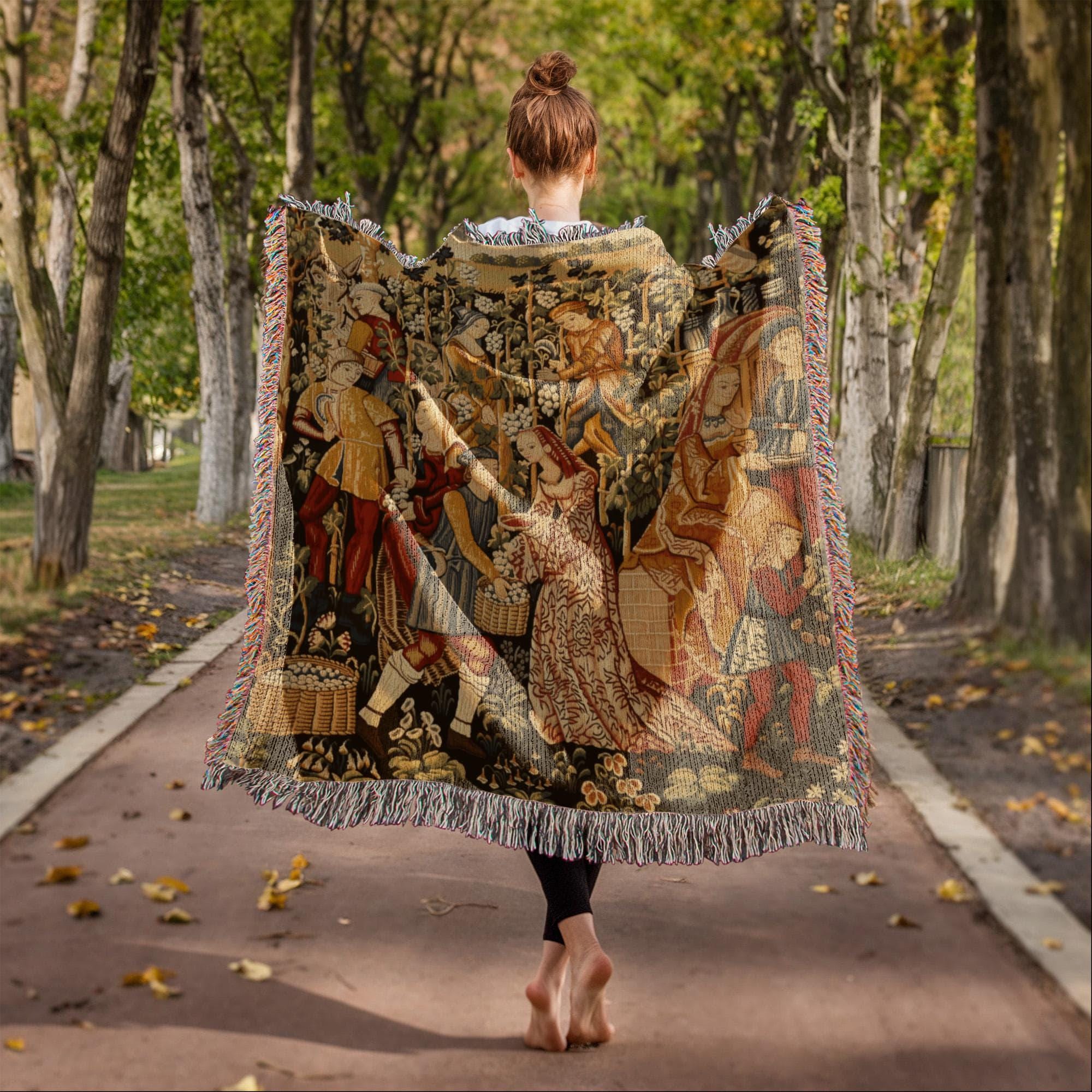 Medieval Grapes Harvest French Country Woven Cotton Blanket - Image 6