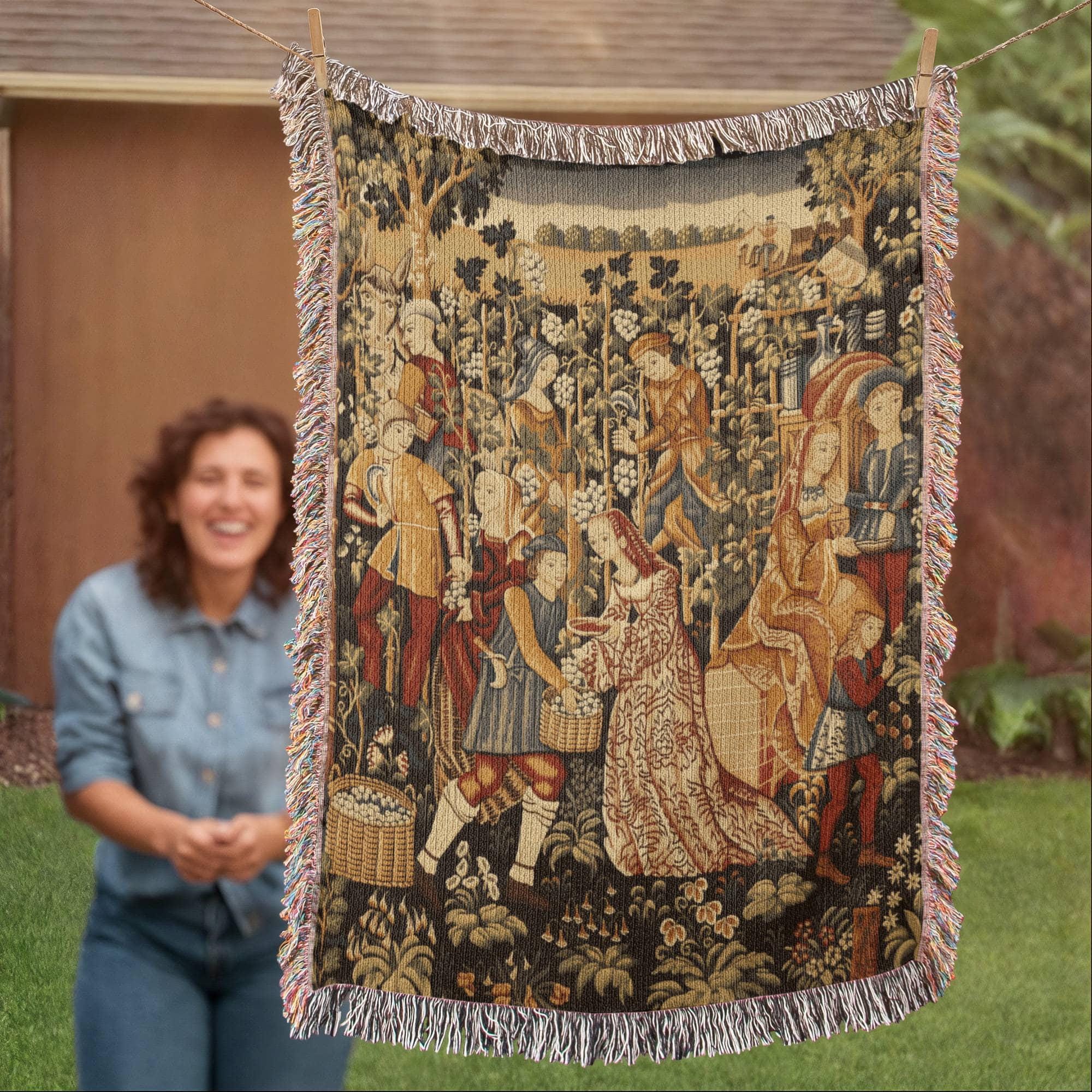Medieval Grapes Harvest French Country Woven Cotton Blanket - Image 7