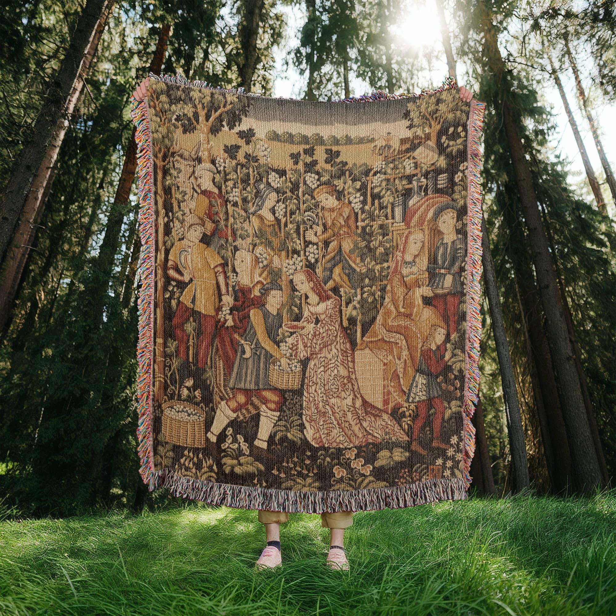 Medieval Grapes Harvest French Country Woven Cotton Blanket - Image 2